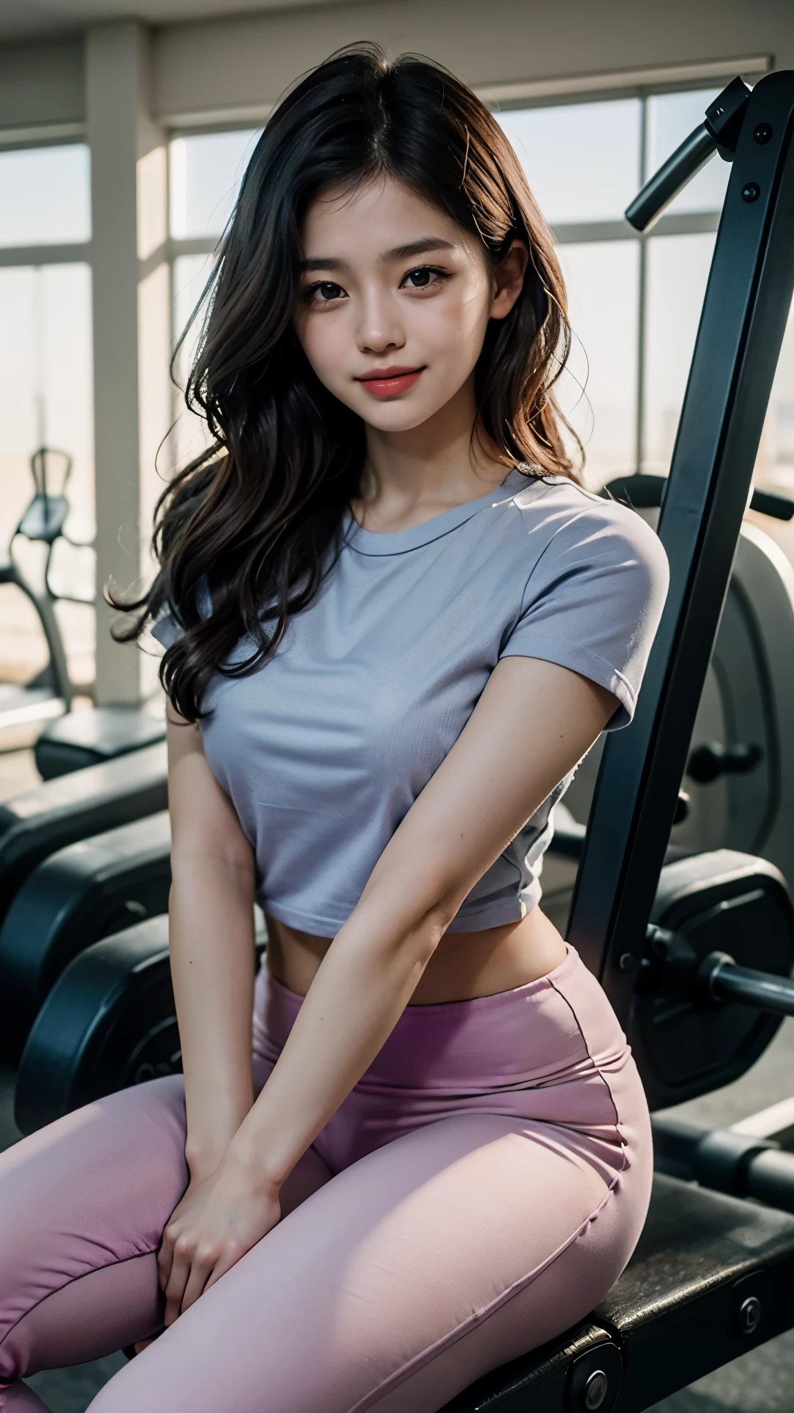 Slender Korean girl, 22 years girl, kpop idol, ((gym uniform with purple t-shirt and pink pant)), ((top quality, 8k, masterpiece: 1.3)), crisp focus: 1.2, beautiful woman with perfect figure: 1.4, highly detailed face and skin texture, detailed eyes, ((skinny)), beautiful face, symmetrical face, full-length, doing workouts in gym in sitting position, Sweet smile, (smile: 1.2)