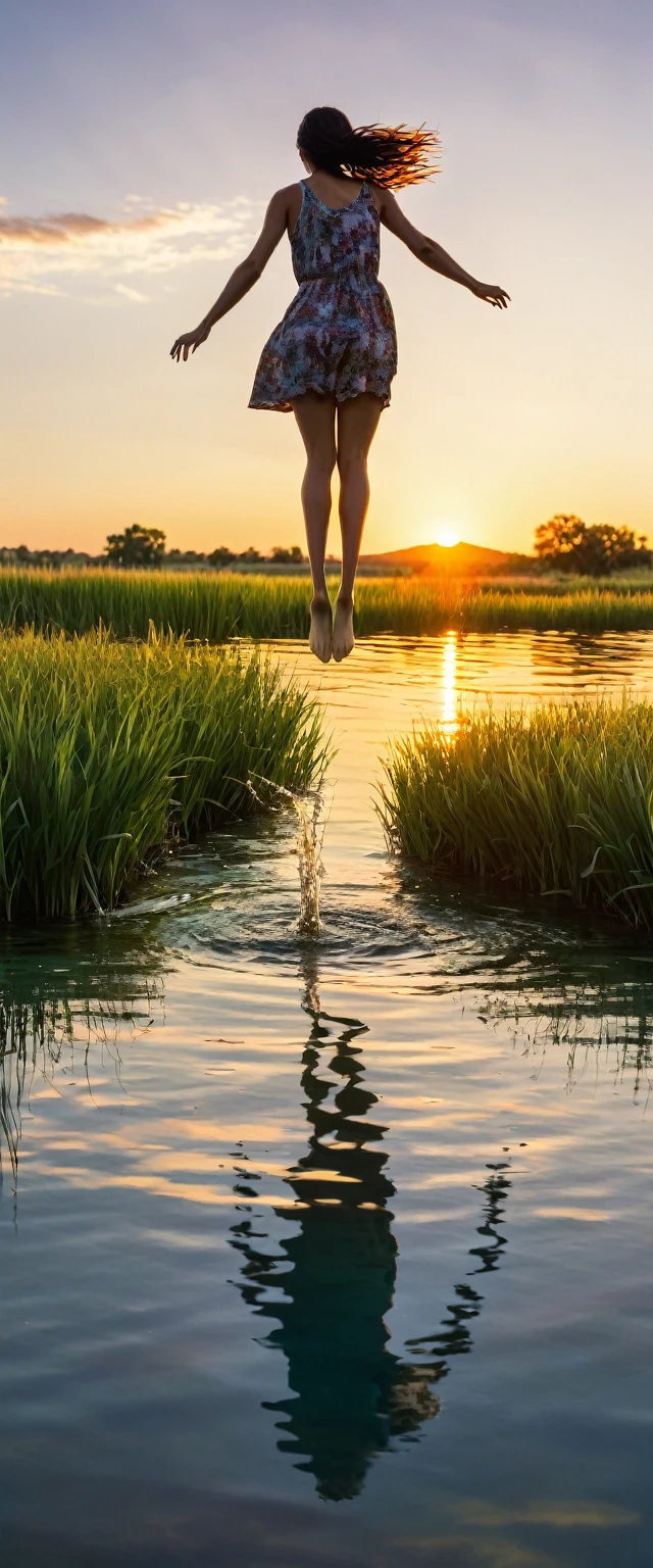 arafed woman jumping on water, Photos by Kurt Roesch, Pixel, concept art, standing on the water, stand next to water, reflect, standing in the pond, reflection on the water, standing in shallow water, girl watching sunset, reflect, reflection, Standing on the grass under the sunset, under the beautiful sunset