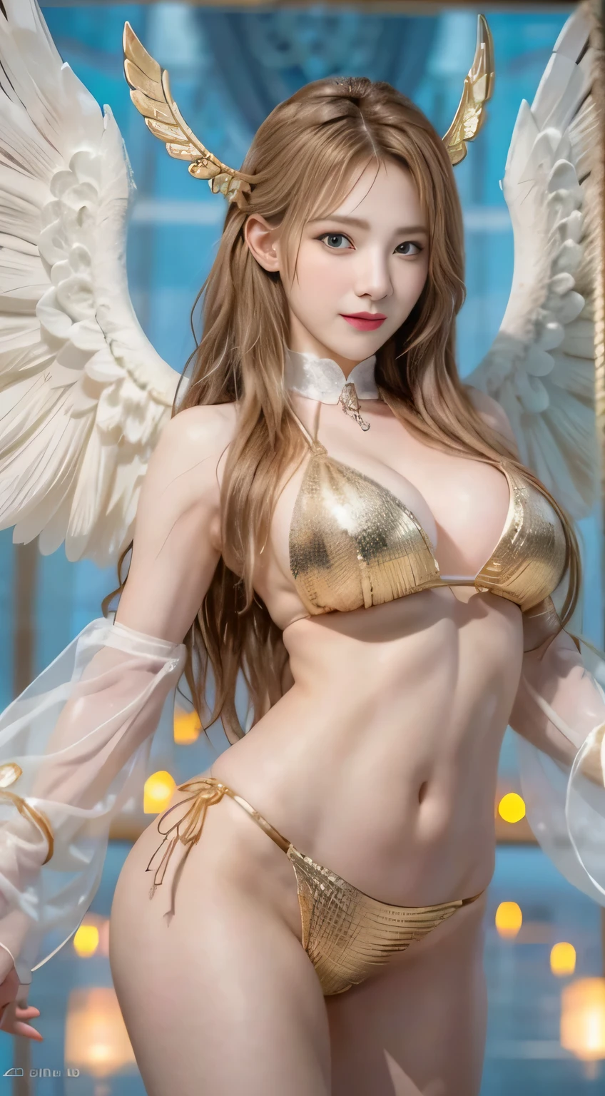 Take photos in a narrow angle.,Realistic 8K images,high definition,Masterpiece,Complete anatomical details,Model poses,The angel is too long., Golden wings., Blond hair flowing, sweet smile, and wore a red bikini with gold stripes.,Some white cloth has gold stripes.., Float in the air