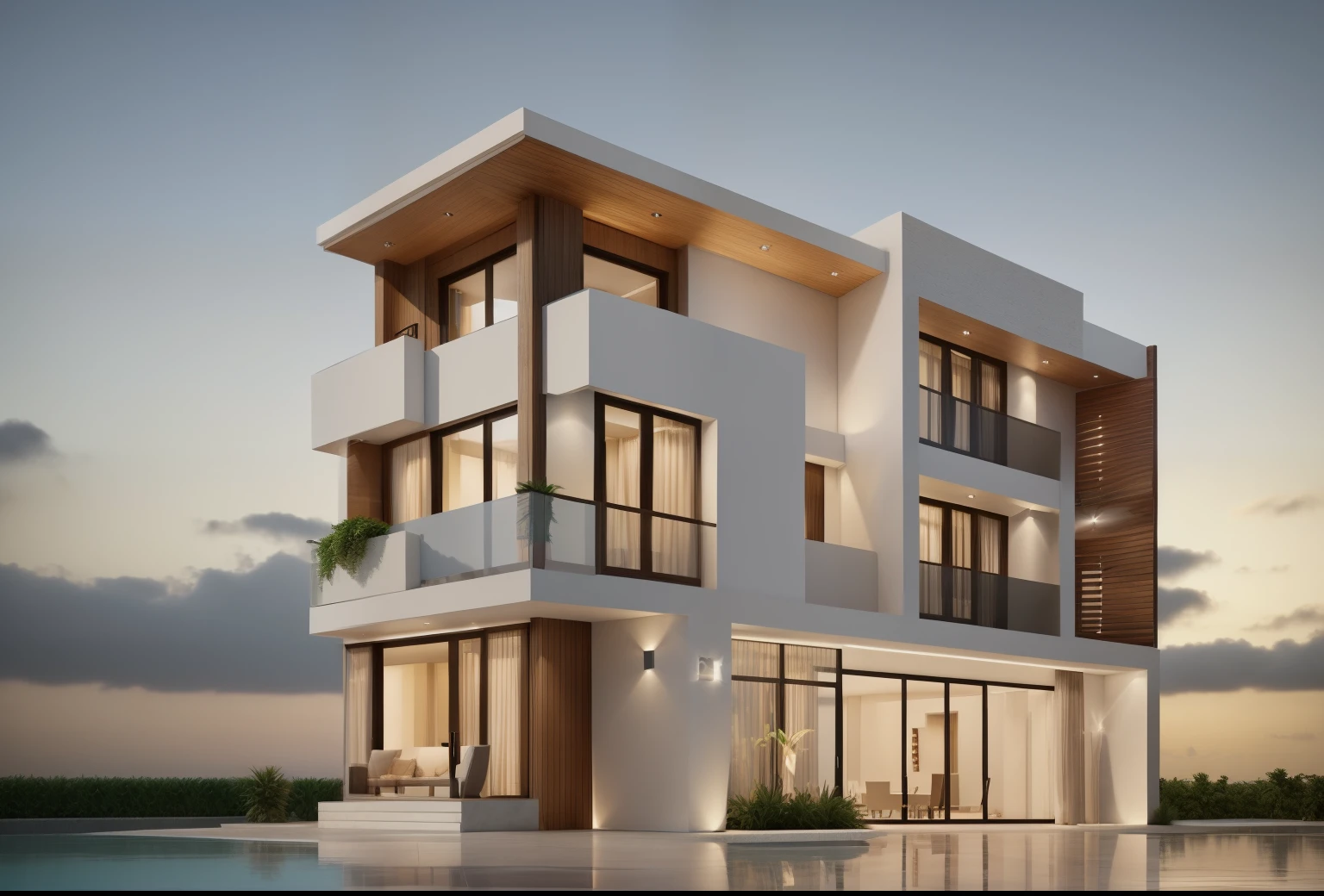 Photo brute,chef-d'artwork, high quality, best quality, Great detail, maison de ville, maison moderne avec (mur de carrelage:1.2), glass windows, (plafond en bois:1.1), garde-corps en verre, porte principale conwood,arbres tropicaux, coucher de soleil, beau ciel, (Very detailed :1.2), 16k euh, DSLR, soft lighting, high quality, grain de film, 3dmax vray