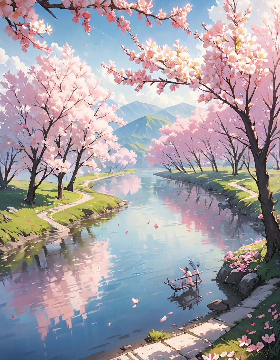 As a prodigious master of contemporary art, I envisage an exquisite portrayal of the theme "reflection" set along the banks of a tranquil river. Imagine this: a picturesque scene where cherry blossoms bloom abundantly along the river's edge, their delicate pink petals swaying gently in the breeze. My prompt calls for the creation of a hyper-realistic illustration capturing the mesmerizing sight of these blossoms mirrored flawlessly on the calm surface of the water. Each petal, each branch, is meticulously rendered to perfection, creating a scene of unparalleled beauty and tranquility. Through meticulous brushwork or digital wizardry, I shall bring this vision to life, inviting viewers to immerse themselves in the serene harmony of nature's reflection. This masterpiece will evoke a sense of wonder and reverence, celebrating the timeless beauty of the natural world and the artistry of its reflection.