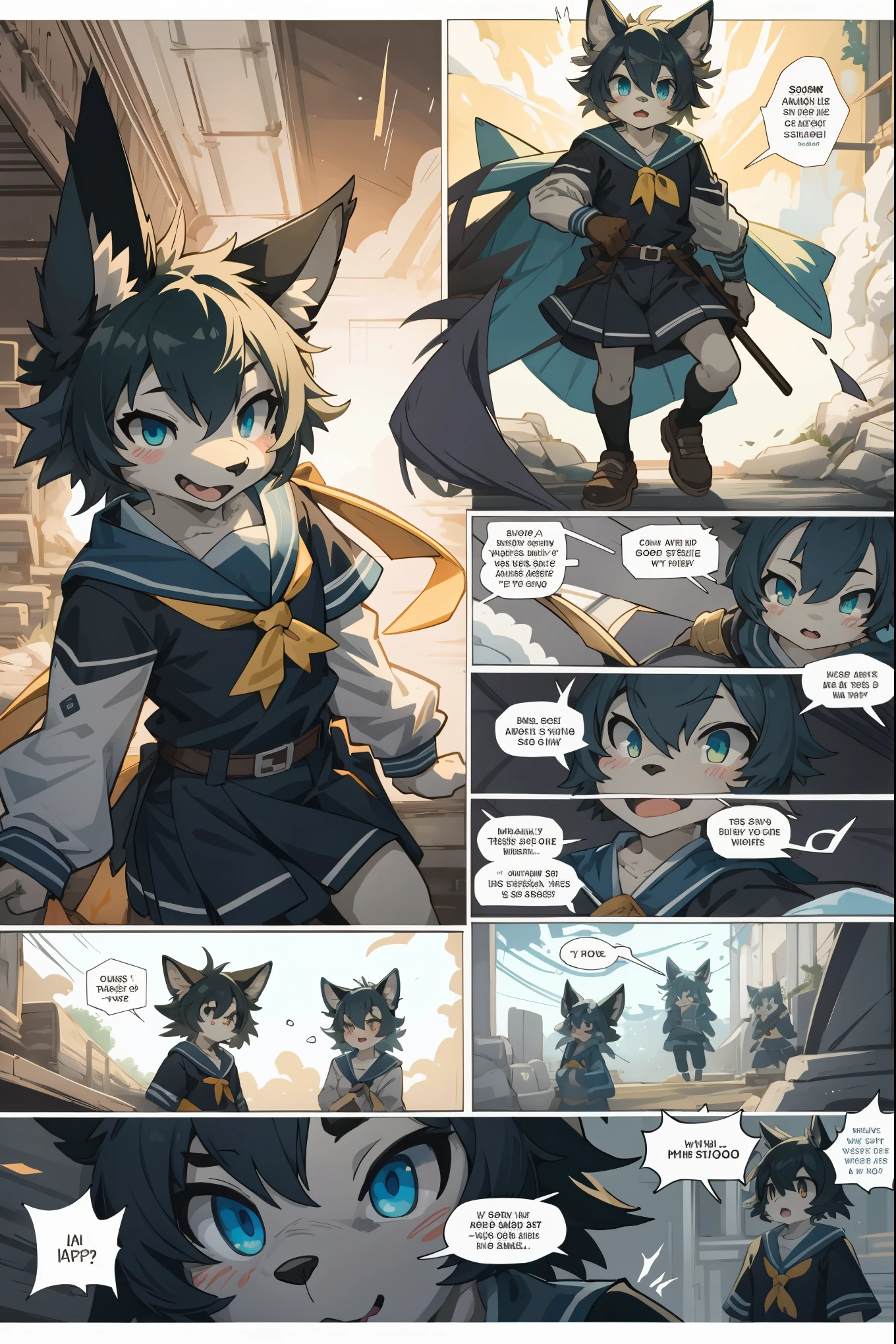 top quality, best quality, highres, masterpiece, super high resolution, detailed background, School, class, 6+boys, 6+girls, absurdres(highly detailed beautiful face and eyes)perfect anatomy, good lighting, cinematic shadow(kemono, furry anthro)assorted expressions, assorted poses, assorted angles, full body, upper shot, dynamic angle,(girls comic-like panel layouts, speech balloon, English text, Hand-drawn sound effects stickers used in girls comic),