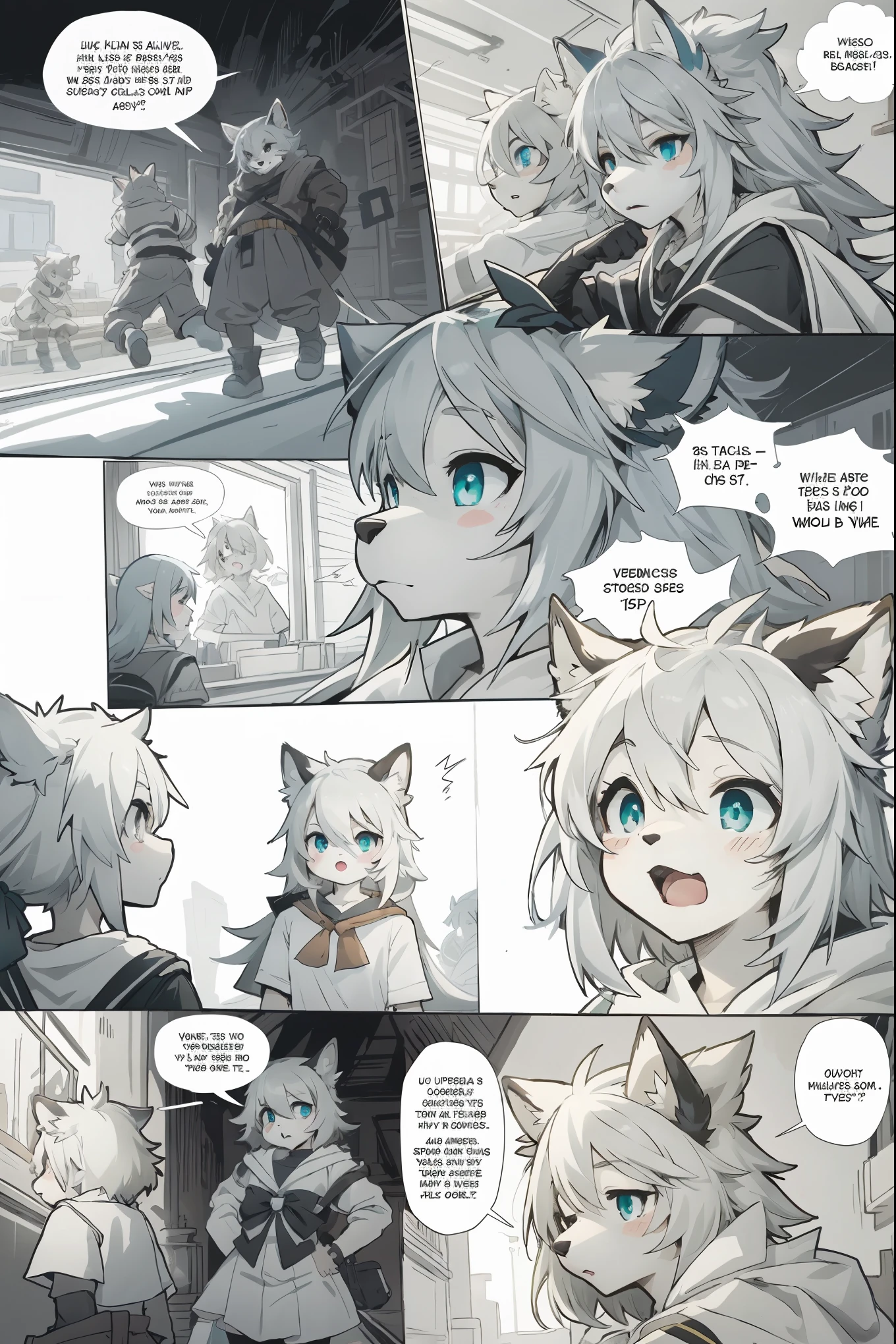 top quality, best quality, highres, masterpiece, super high resolution, detailed background, School, class, 6+boys, 6+girls, absurdres(highly detailed beautiful face and eyes)perfect ???????, good lighting, cinematic shadow(kemono, furry anthro)assorted expressions, assorted poses, assorted angles, full body, upper shot, dynamic angle,(girls comic-like panel layouts, speech balloon, English text, Hand-drawn sound effects stickers used in girls comic),
