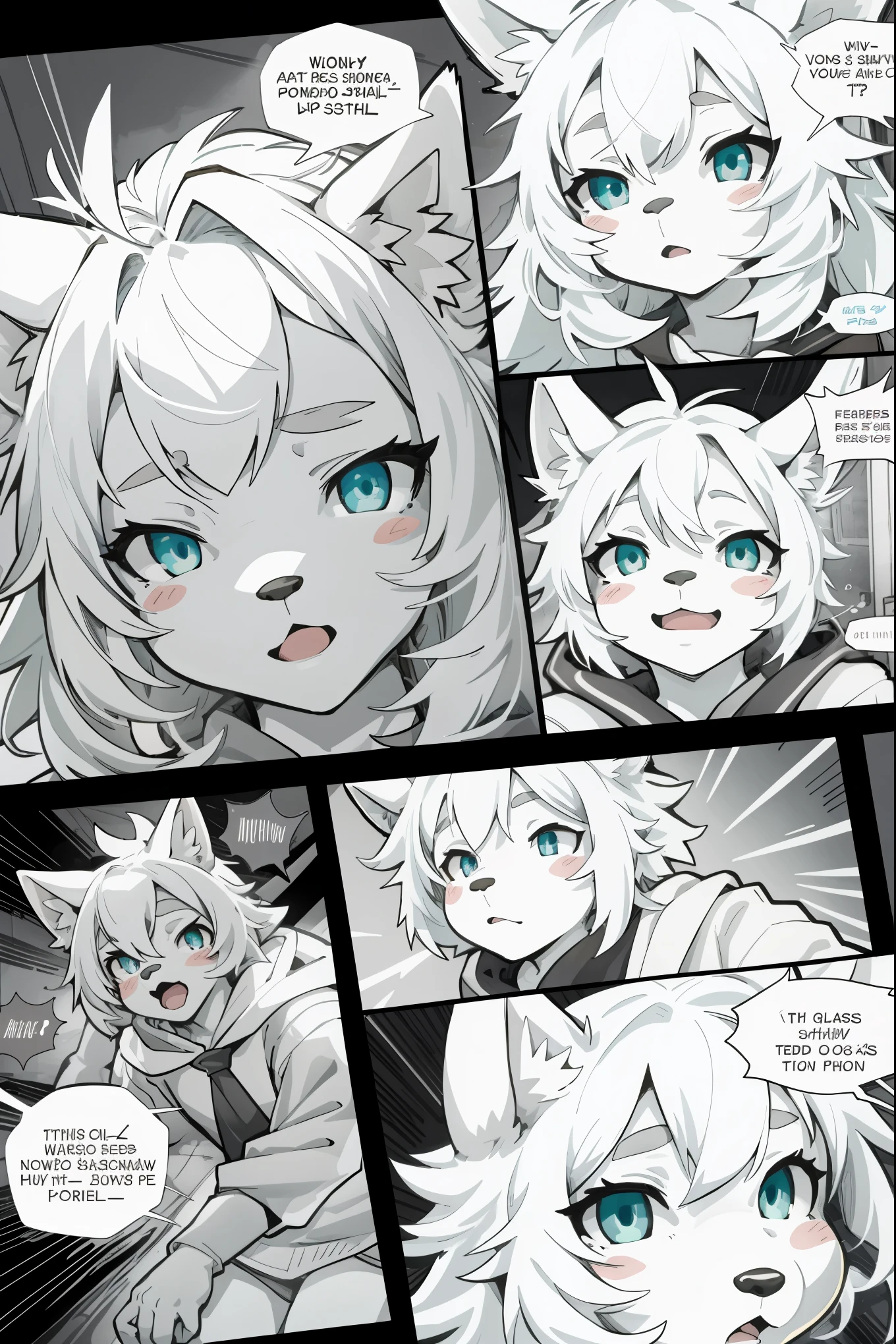 top quality, best quality, highres, masterpiece, super high resolution, detailed background, School, class, 6+boys, 6+girls, absurdres(highly detailed beautiful face and eyes)perfect anatomy, good lighting, cinematic shadow(kemono, furry anthro)assorted expressions, assorted poses, assorted angles, full body, upper shot, dynamic angle,(girls comic-like panel layouts, speech balloon, English text, Hand-drawn sound effects stickers used in girls comic),