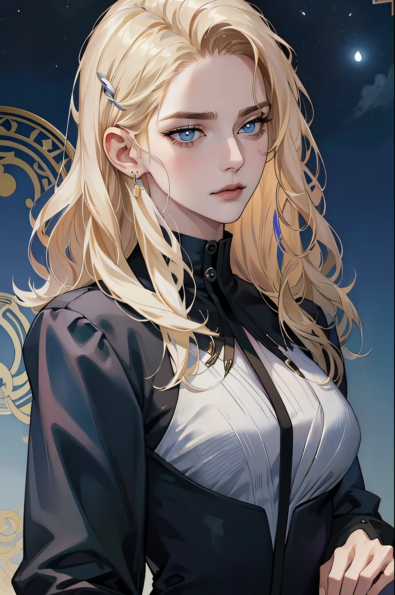 masterpiece, Best quality, night, full moon, 1 girl, mature woman, (blonde hair), long and wavy hair, tranquility, Intellectual, medium hair, blue pupils, hairpin, Beautiful face, face close up, Hand close-up, business suit, White shirt, black dress pants, serious face, closed mouth 