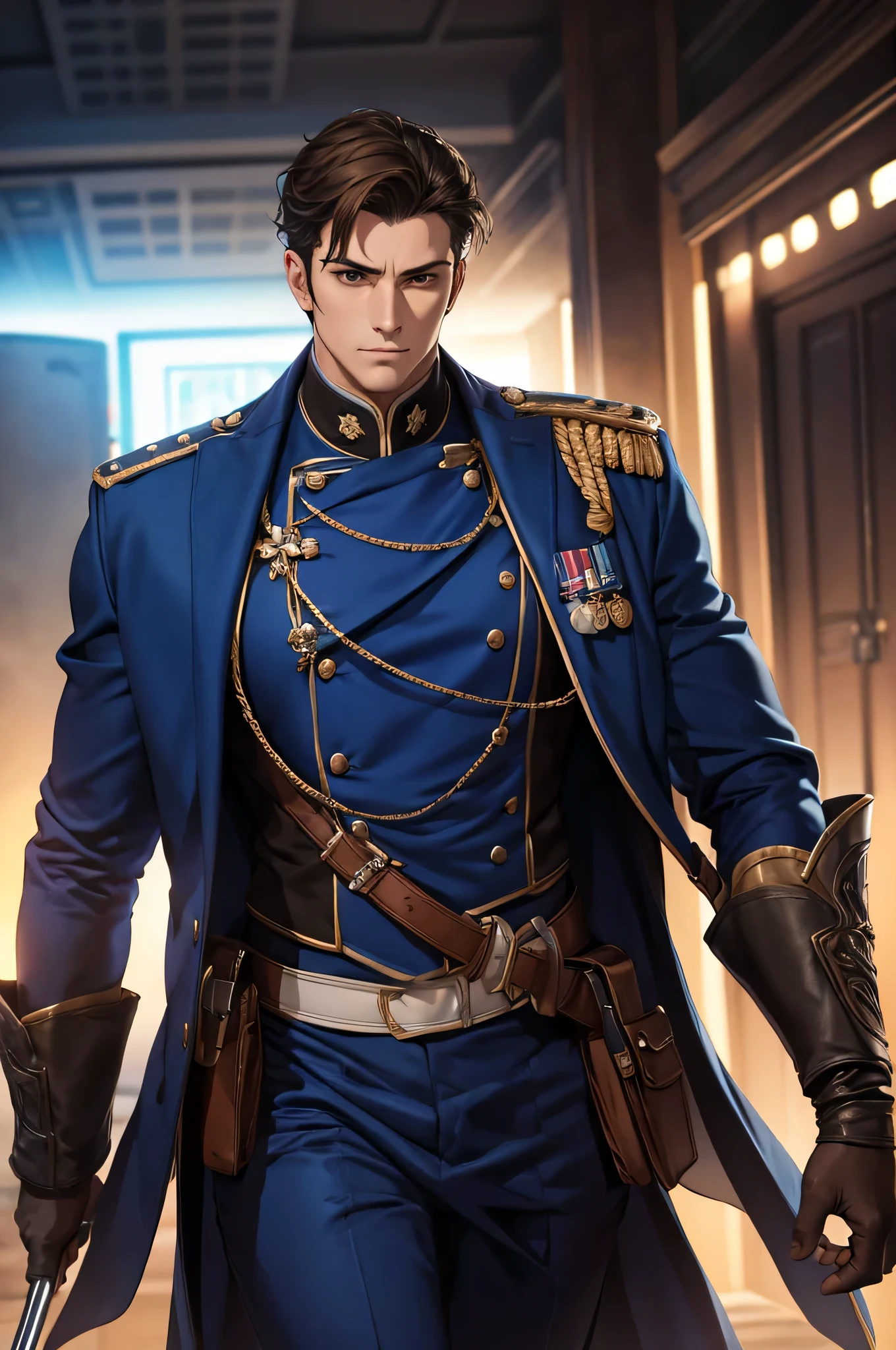 super fine illustration, Ultra high resolution, obra de arte, Mais alta qualidade, Perfect Lighting, Specific Lighting, dramatic shadow, rastreamento de raio, homem com cabelo castanho curto, 30 anos de idade, algumas rugas em seu rosto, penteado para o lado, rosto fino, olhos castanhos, villain appearance,vestido com o traje militar azul de um general,(obra de arte)