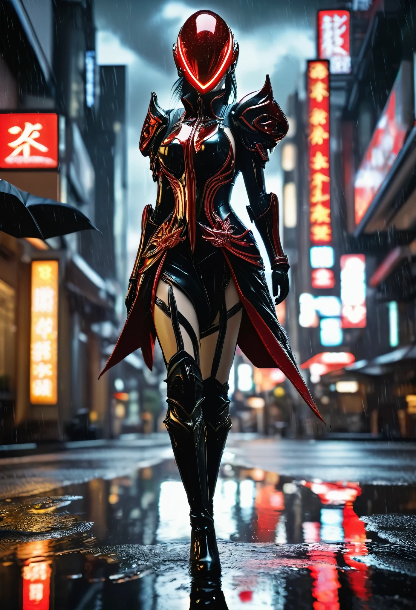 (reflection), 1 japanese girl, WARFRAME, intricate pattern, heavy metal, energy lines, faceless, glowing eyes, elegant, intense, blood red and black uniform, solo, modern, city, streets, dark clouds, thunderstorm, heavy rain, puddles, reflection in puddles,, girl stands on the edge of a large puddle in which her reflection can be seen, dramatic lighting,, (masterpiece:1.2), best quality, high resolution, beautiful detailed, extremely detailed, perfect lighting,