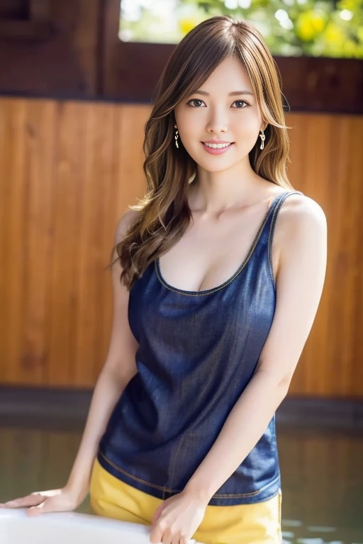 ((masterpiece:1.1, highest quality:1.1, 32K HDR, High resolution)), (1 girl, alone), (Mai Shiraishi&#39;s ultra-realistic portrait:1.15, japanese idol), (full body:1.5, tank top that emphasizes the chest:1.3、(yellow tank top)、light blue denim shorts、 big breasts:1.2)Are standing, sexy pose, perfect slim body:1.1), highly detailed face, fine eyes, realistic skin texture, fine skin、 shiny skin, looking at the viewer, light brown hair, wavy hair, Ash-colored hair, half up、smile:1.2, silver earrings,((The background is a public bath))、(Cleaning with a deck brush)