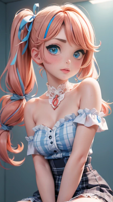 white skin、beige hair、Curl's twin tails、short twin tails、((light blue ribbon at the knot))、white tube top、((light blue lace arm cover))、white and black plaid skirt、tretches the spine、beautiful posture、cheeky look、upward glance、(((coral color lip)))、(No hair around the face1.8)、The background is the blue universe、kiss mark、front、brown eyebrows、Bullish eyes