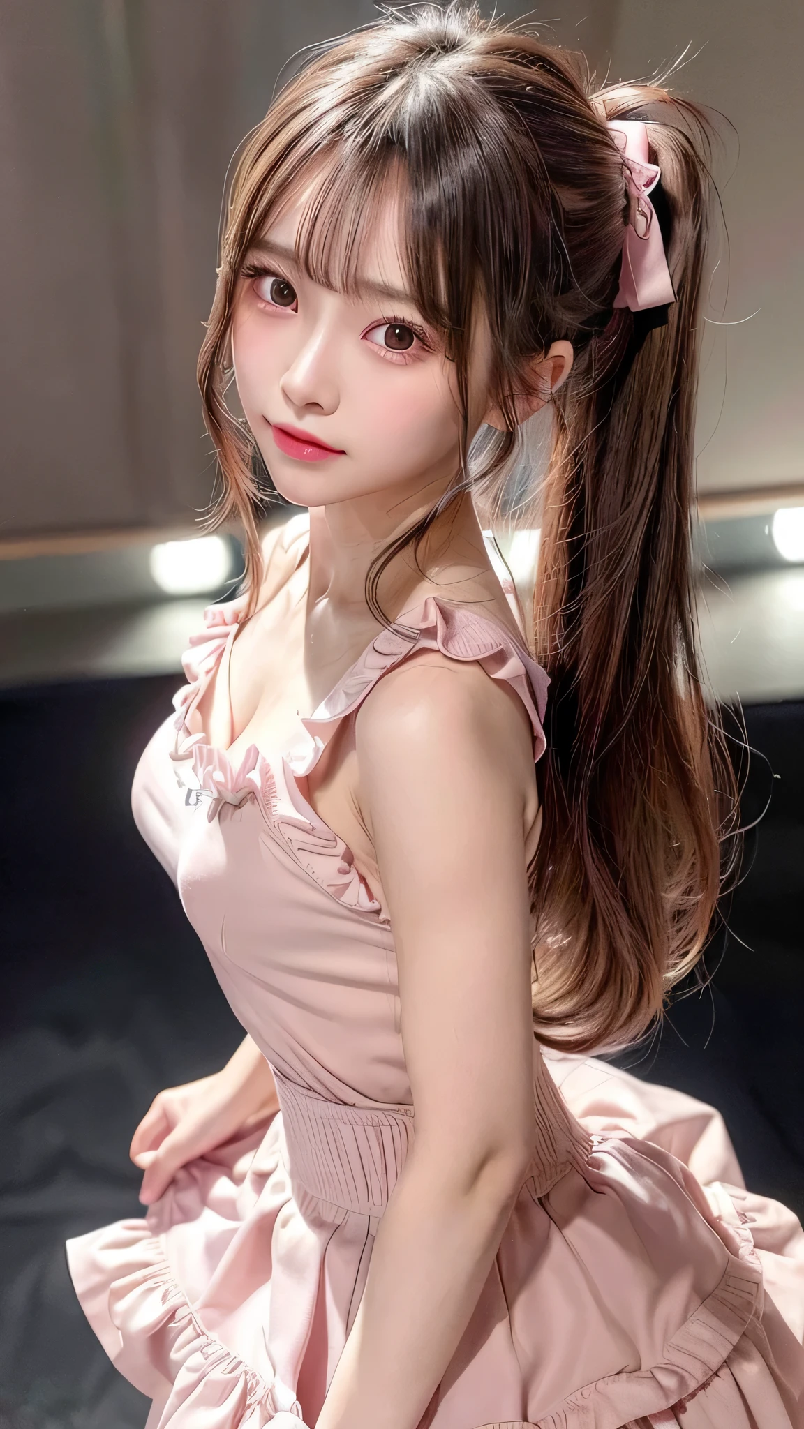 blush,small breasts,14 years old,long hair ponytail,on stage,Are standing,((8K, Raw photo, highest quality, pieces fly:1.2), (reality, realistic:1.4), (Highly detailed 8K wallpaper), written boundary depth, cinematic lighting, soft light, Details beauty eye,Shiny and smooth light brown ponytail, asymmetrical bangs, shiny skin, super dense skin ,High resolution, high detail, detailed hairstyle, Detailed beauty faces, hyper real, perfect limbs, perfect anatomy ,1 Japanese girl,famous japanese idol, perfect female body,shy smile,short eyelashes,double eyelid,look straight here,Hair style is ponytail、Long pink dress with lots of frills, soft shaped skirt, standing on stage,pink ribbon on head,She is wearing a long skirt with lots of frills..,neat clothes