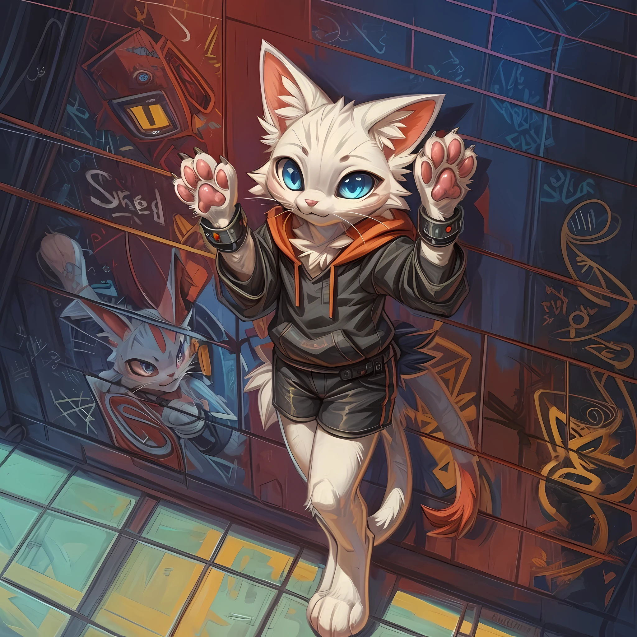  a cat that is standing in front of a wall, skinny cat's legs, slim, fluffy white fur,duchess:0.3 from aristocats, gatomon:0.3, digitigrade cat with 4 toes, one tail, 2 anthro hands with 4 fingers, blue eyes with black pupils, wearing black shorts and tight red hoodie, earrings, graffiti, cyber-punk style, illumination from above, blue and red light rays, police's robot drone,adorable digital painting, catgirl, claws, anthro paw pov art, furry digital art, cat. digital painting, beeple and jeremiah ketner, anthro cat, anime cat, pov furry art, anime catgirl, furry paw pov art, furry art!!!, furry art, by Shitao, highly detailed, from above shot, (pixelsketcher hioshiru syuro artstyle)(professional draw), masterpiece, breathtaking, 8k, sadly face