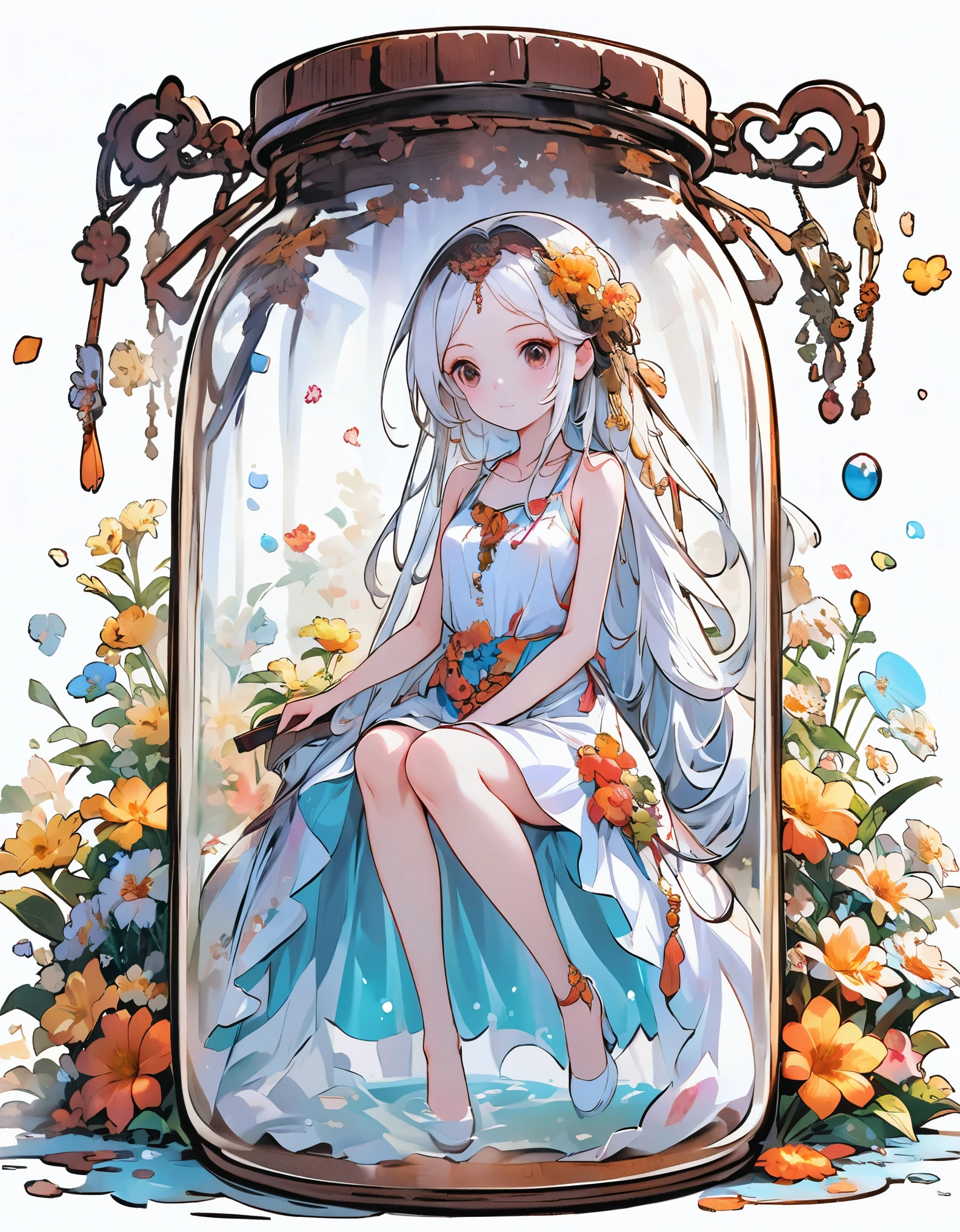 (masterpiece), (best quality), illustration, ultra detailed, hdr, Depth of field, (colorful), loli,(flowers background:1.45),(transparent background:1.3)(an extremely delicate and beautiful girl inside of glass jar:1.2), (glass jar:1.35),(solo:1.2), (full body), (beautiful detailed eyes, beautiful detailed face:1.3), (sitting ), (very long silky hair, float white hair:1.15), (medium_breasts, tally and skinny:1.2), (Colorful dress:1.3), (extremely detailed lace:0.3), (insanely detailed frills:0.3),(hairband , orange hair_ornament:1.25),orange cans,water surface,full body,(bottle filled with orange water,bottle filled with Fanta:1.25), (many fruits in jar, many Sliced_fruits in jar:1.25), (many bubbles:1.25),