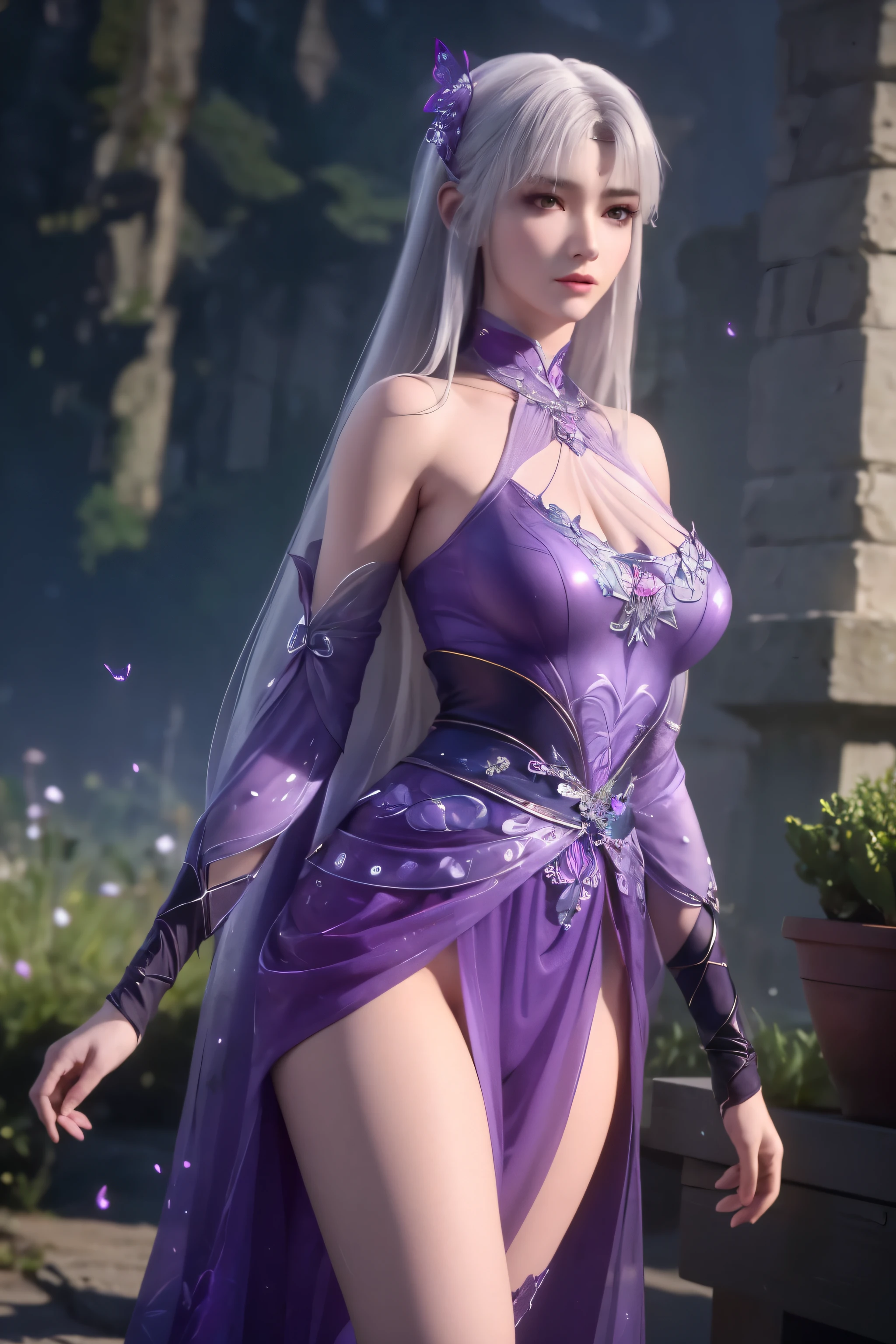 realistic, photorealistic, Masterpiece, absurdres, fine detail, HDR, detailed hand anatomy, highly detailed face and eyes, (8k, best quality, masterpiece:1.2), ultra-detailed, extremely detailed cg 8k wallpaper,fashion,(crystalstexture skin:1.2),(extremely delicate and beautiful),(masterpiece, best quality:1.2),1girl, solo, narrow waist, wide hips, (large breasts:1.2),long hair, (looking at viewer:1.2), natural lighting, fantasy, dreamlike, unreal, science fiction, detail, delicate pattern, charming, alluring, enchanting, hair ornament, fairydoctor, full body, dream, purple butterflies, glowing butterflies, sexy pose, night, (neon butterflies:1.1), purple neon butterflies