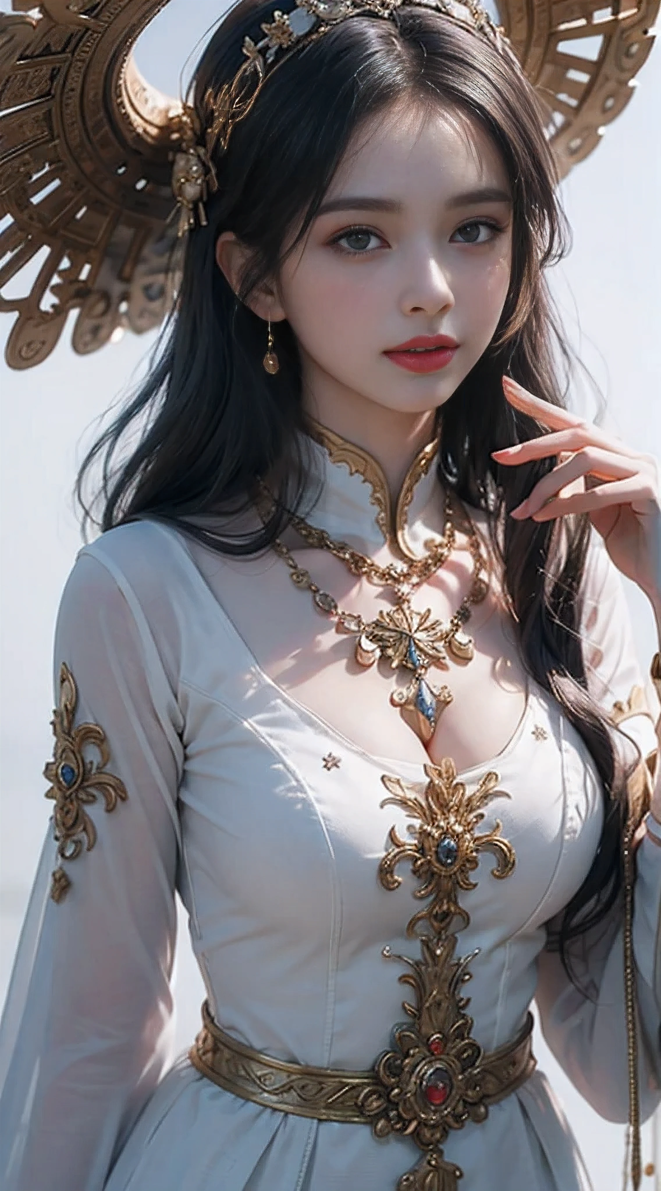 Portrait of a young saint of 20 years old, Saint with a beautiful and super cute face,Wearing a very thin and sexy Ao Dai, Beautiful cute face, There is a deep slit in the chest、Black and white lace trim attractive Ao Dai, Beautiful face without blemish, Lovely smile, ((7 colors of hair length:1.2)), Big Crown, Hair brooch, Hamf Dress, Chinese ancient style, Full Body Jewelry, Tattoo on the forehead, The breasts of the female saint are round、It's so full, Breast augmentation surgery, Innocent face, The most beautiful and detailed pale red lipstick, ((thin plump lips:0.3)), Delicate pink and white eyes (White and detailed) Cinematic, Light and Darkness, Dramatic Lighting, magical light, Highly detailed light, True Color, Super sharp, Realistic, The 8k quality, Fantasy universe background, Saints and magical spaces, The most detailed image, Solo, saints, ((See the saint's upper body directly:0.4)), ((Smooth skin:0.5)),
