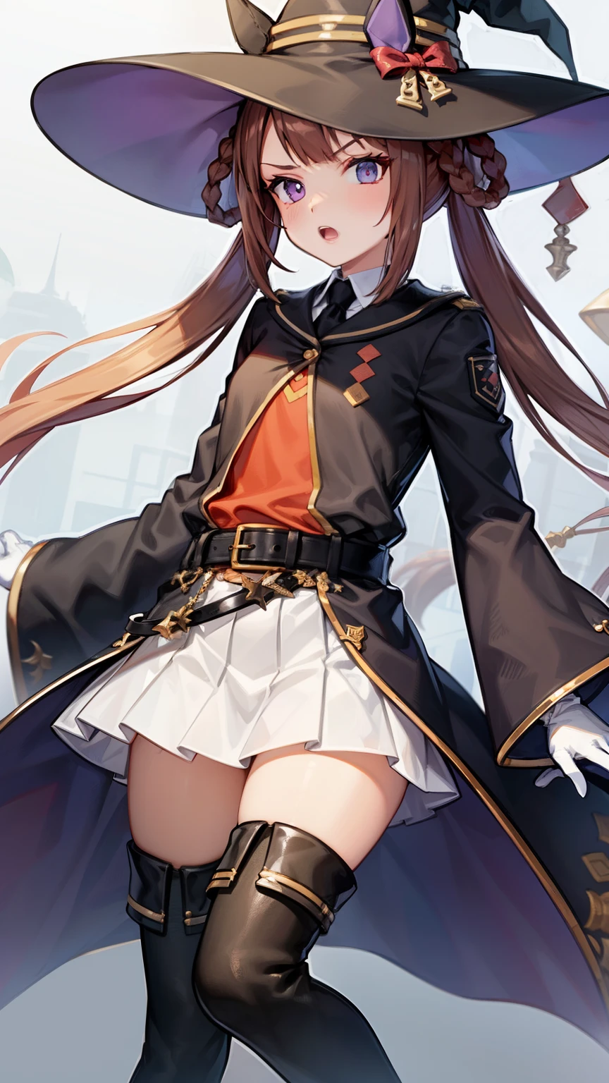 masterpiece, high detail, detailed hands,
stand, rage, fluctuate,  spoiled , witch's house, portrait,
sweep tosho \(umamusume\),witch hat, black headwear, black necktie, collared shirt, red shirt, white gloves, wide sleeves, black jacket, black robe, buckle, belt, white skirt, pleated skirt, black thighhighs, thigh boots, black footwear, high heel boots,legs focus,