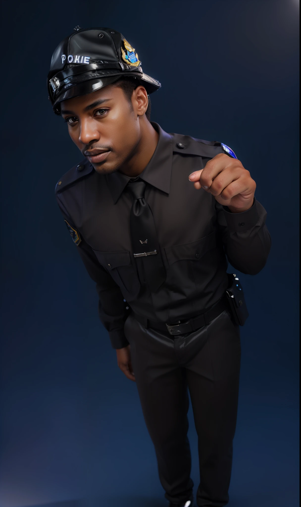 photo of policeman in a black shirt and tie with a black hat, edited, photo from a promo shoot, afroamerican black man, promotional shot, man standing in defensive pose, wide angle closeup portrait shot, avant designer uniform, editorial photograph, security agent, profile shot, 4k, rim light, high resolution, 4k, glossy texture, smooth 3d model, multiple light sources, rim light, sharp post effects render, (glossy metallic texture with multiple big light probe refractions), perfect cgi, cgi art created only with gradients, smooth silhouette, high intensity refraction, (super glossy chrome material), most beautiful vfx, blue background, chrome metal refractions, multiple light sources, rim light, sharp post effects render, perfect cgi, anthropomorphic cat, digital art, detailed digital art, reflective, best quality, 4k, masterpiece:1.2, ultra-detailed, realistic, vivid colors, dark and moody lighting, The image of the highest quality, ensuring every detail showcased perfectly. It in 4k resolution, allowing viewers to immerse themselves in the richness of the colors and intricate details. The realistic rendering. under the spotlight, reflecting, high-resolution image, realistic rendering, dark background, and rim light photorealistic