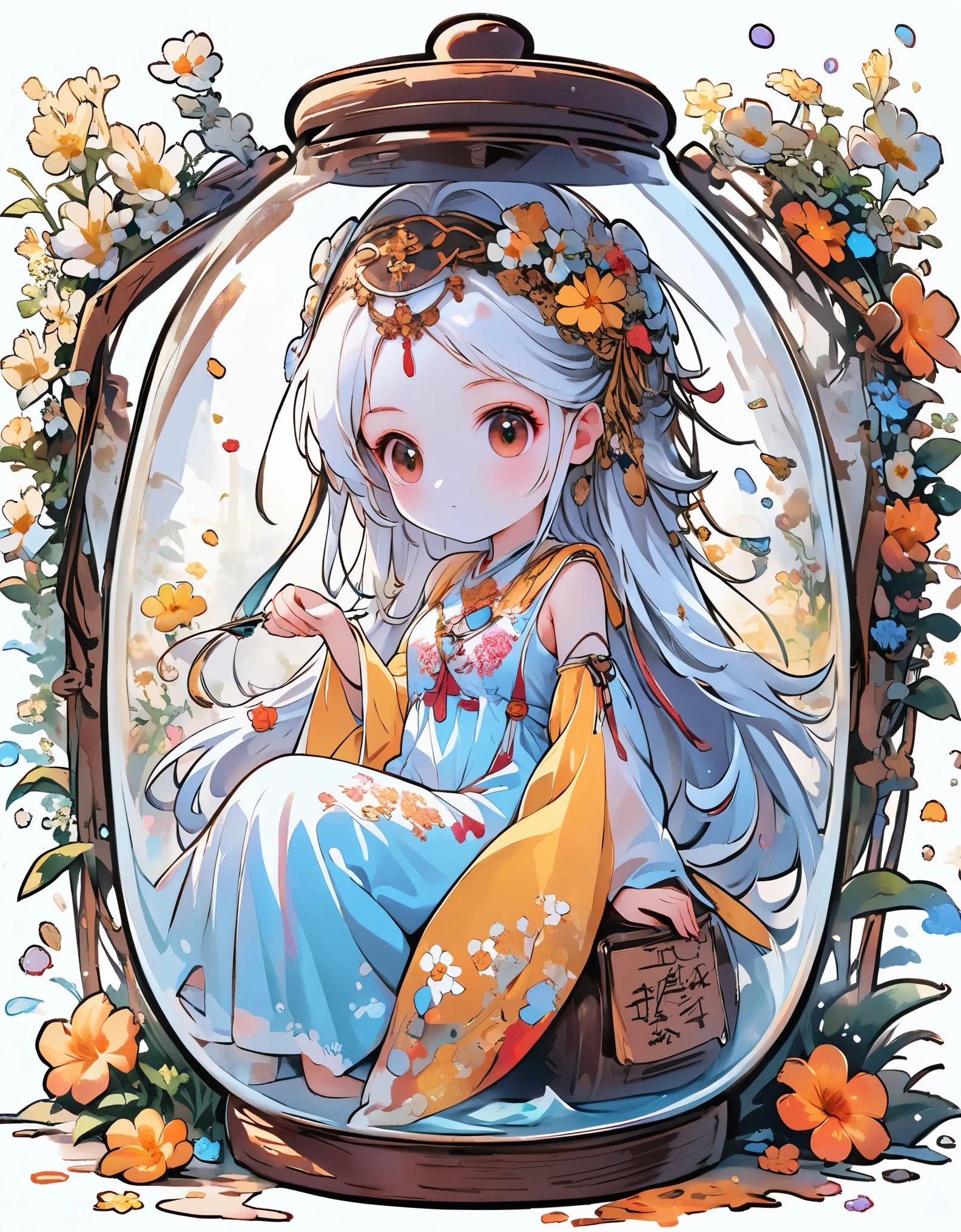 (masterpiece), (best quality), illustration, ultra detailed, hdr, Depth of field, (colorful), ****,(flowers background:1.45),(transparent background:1.3)(an extremely delicate and beautiful girl inside of glass jar:1.2), (glass jar:1.35),(solo:1.2), (full body), (beautiful detailed eyes, beautiful detailed face:1.3), (sitting ), (very long silky hair, float white hair:1.15), (medium_breasts, tally and skinny:1.2), (Colorful dress:1.3), (extremely detailed lace:0.3), (insanely detailed frills:0.3),(hairband , orange hair_ornament:1.25),orange cans,water surface,full body,(bottle filled with orange water,bottle filled with Fanta:1.25), (many fruits in jar, many Sliced_fruits in jar:1.25), (many bubbles:1.25),