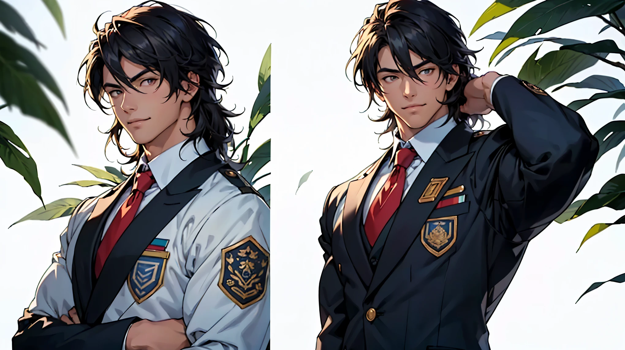 (highres, realistic:1.2), (portrait, anime),  A handsome high school boy with a muscular body wearing a Japanese , standing confidently on a white background. He has sharp, almond-shaped eyes, neatly styled hair, and a charming smile. The uniform is well-fitted and features a collared shirt, a blazer with the school emblem, and matching pants. His posture is upright, reflecting his confidence and charisma. The lighting accentuates his features, casting gentle shadows and highlighting the subtle muscles in his arms. The color palette is vibrant, with warm tones complementing his skin and hair. The overall artwork has a realistic yet artistic touch, capturing the essence of anime-style portraiture.
