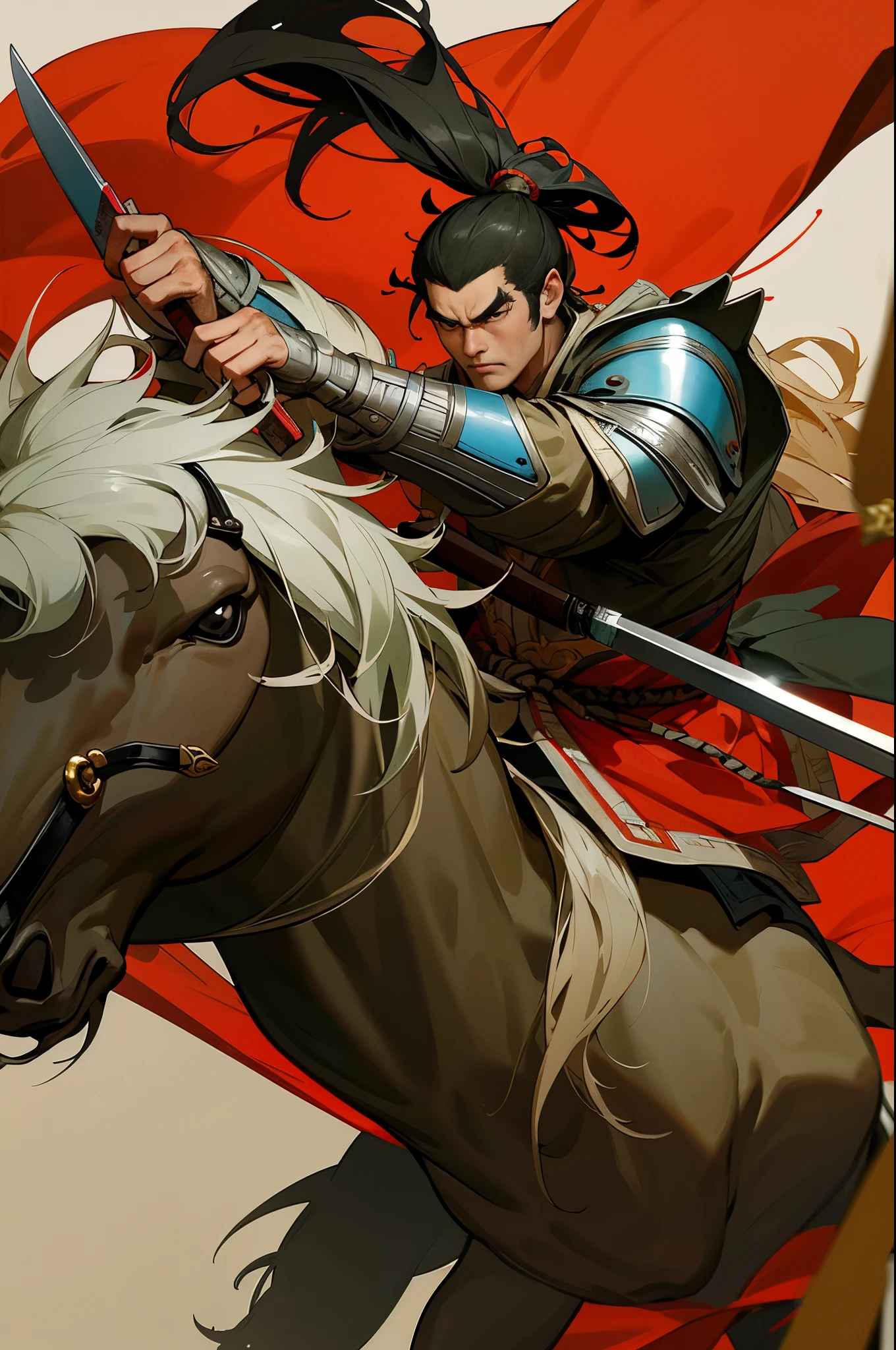 A man in armor rides a horse，hand knife, bo feng, heroes of the three kingdoms,, , Inspired by Zhu Derun, Inspired by Wu Bin, feng shu, from the three kingdoms, Chinese armor,Inspired by Li Gonglin, inspired by horse stone