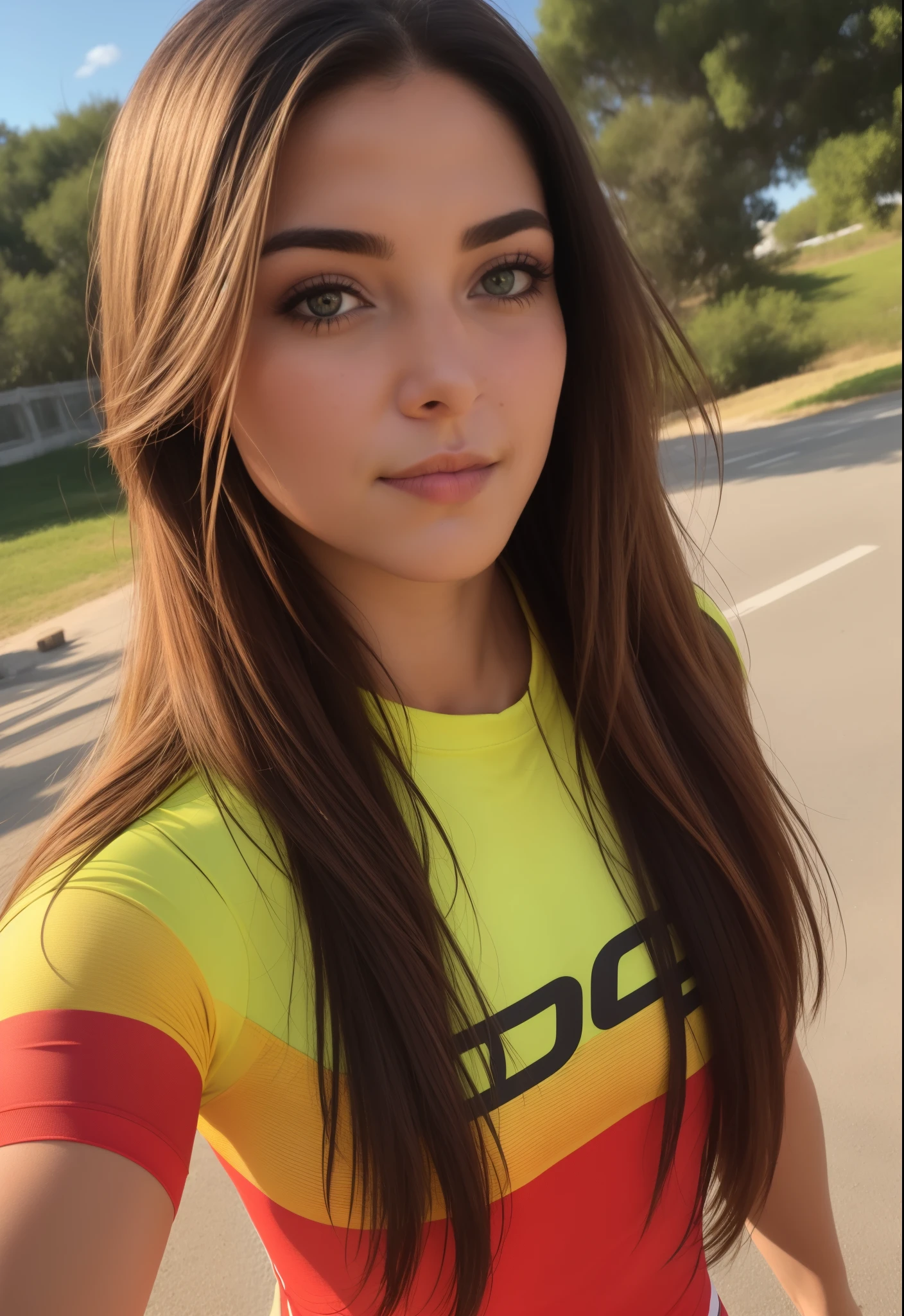 um close up de uma mulher de camisa amarela posando para uma foto, nodded, ciclismo!!, closeup impressionante, headshot, mulher deslumbrante, foto de perfil com headshot