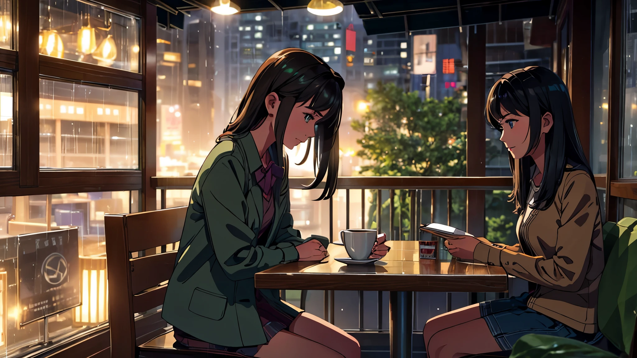 As the rain falls outside, a beautiful 23-year-old woman sits in a cozy corner of a coffee shop, her eyes fixed on her textbook.