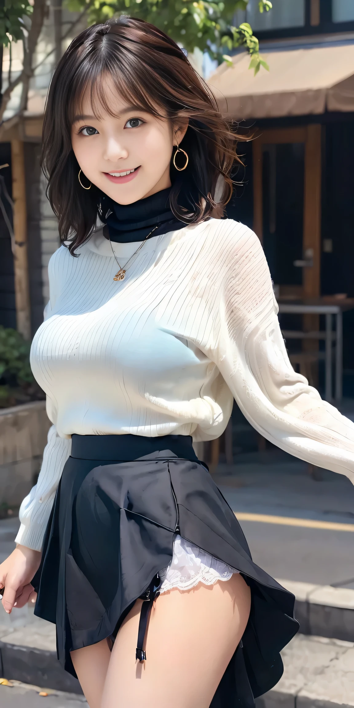Female, 20 years old, short black wavy hair、bangss、Puffy nipple、(Black Turtleneck Knit)、(Blue long skirt), Black stockingedium milk, cute smile face、((Poses that emphasize the buttocks、turned around))、sexy hips、Black High Heels、Big necklace、((((the wind blew my skirt, expose my panties...))))、(Light white lace panties)、Cute earrings、(Tilt your head slightly)
