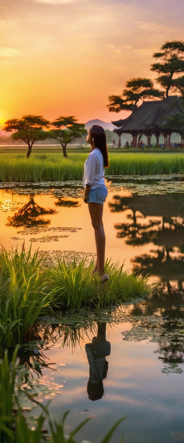 Girl standing by the pond on the grass at sunset, under the beautiful sunset.The breeze blows Buddha.The reflection in the pond has faint ripples.Beautiful gorgeous sunset