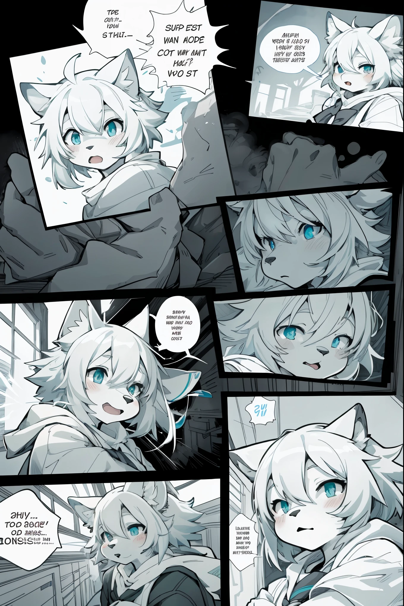 top quality, best quality, highres, masterpiece, super high resolution, detailed background, School, class, 6+boys, 6+girls, absurdres(highly detailed beautiful face and eyes)perfect anatomy, good lighting, cinematic shadow(kemono, furry anthro)assorted expressions, assorted poses, assorted angles, full body, upper shot, dynamic angle,(girls comic-like panel layouts, speech balloon, English text, Hand-drawn sound effects stickers used in girls comic),