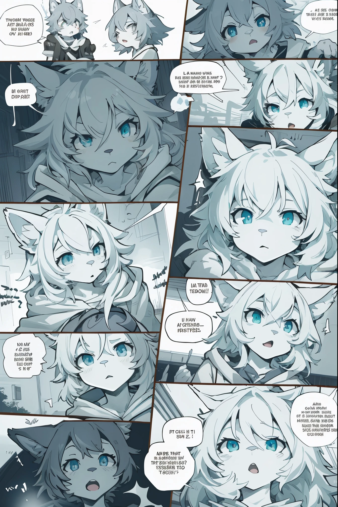 top quality, best quality, highres, masterpiece, super high resolution, detailed background, School, class, 6+boys, 6+girls, absurdres(highly detailed beautiful face and eyes)perfect anatomy, good lighting, cinematic shadow(kemono, furry anthro)assorted expressions, assorted poses, assorted angles, full body, upper shot, dynamic angle,(girls comic-like panel layouts, speech balloon, English text, Hand-drawn sound effects stickers used in girls comic),