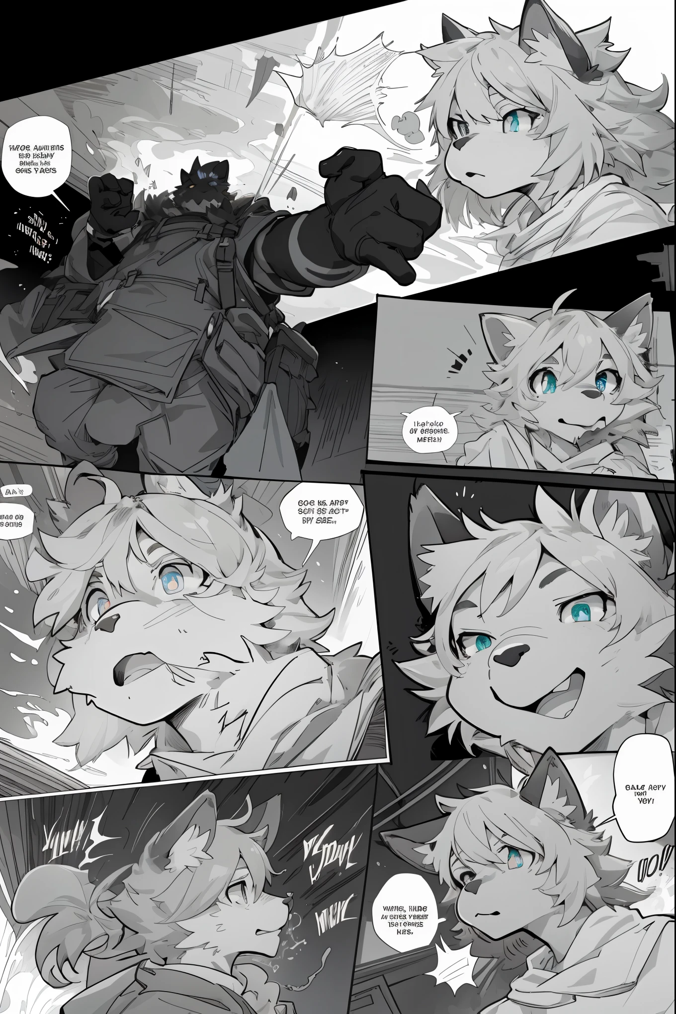 top quality, best quality, highres, masterpiece, super high resolution, detailed background, School, class, 6+boys, 6+girls, absurdres(highly detailed beautiful face and eyes)perfect anatomy, good lighting, cinematic shadow(kemono, furry anthro)assorted expressions, assorted poses, assorted angles, full body, upper shot, dynamic angle,(girls comic-like panel layouts, speech balloon, English text, Hand-drawn sound effects stickers used in girls comic),