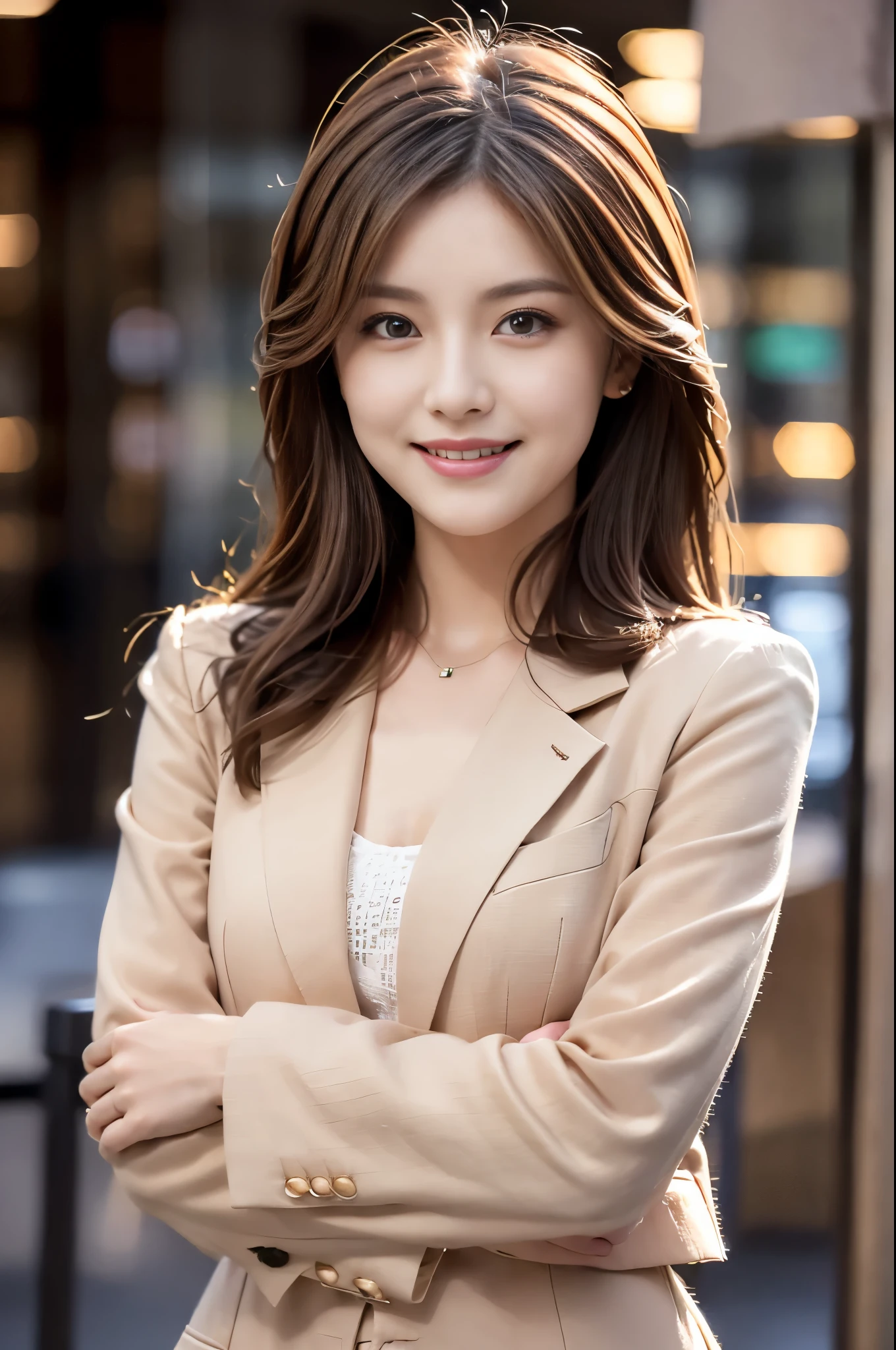 table top, highest quality, realistic, Super detailed, finely, High resolution, 8k wallpaper, 1 beautiful woman,, light brown messy hair, wearing a business suit, sharp focus, perfect dynamic composition, detailed and beautiful eyes, fine hair, Detailed and realistic skin texture, smile, close-up portrait, model body shape