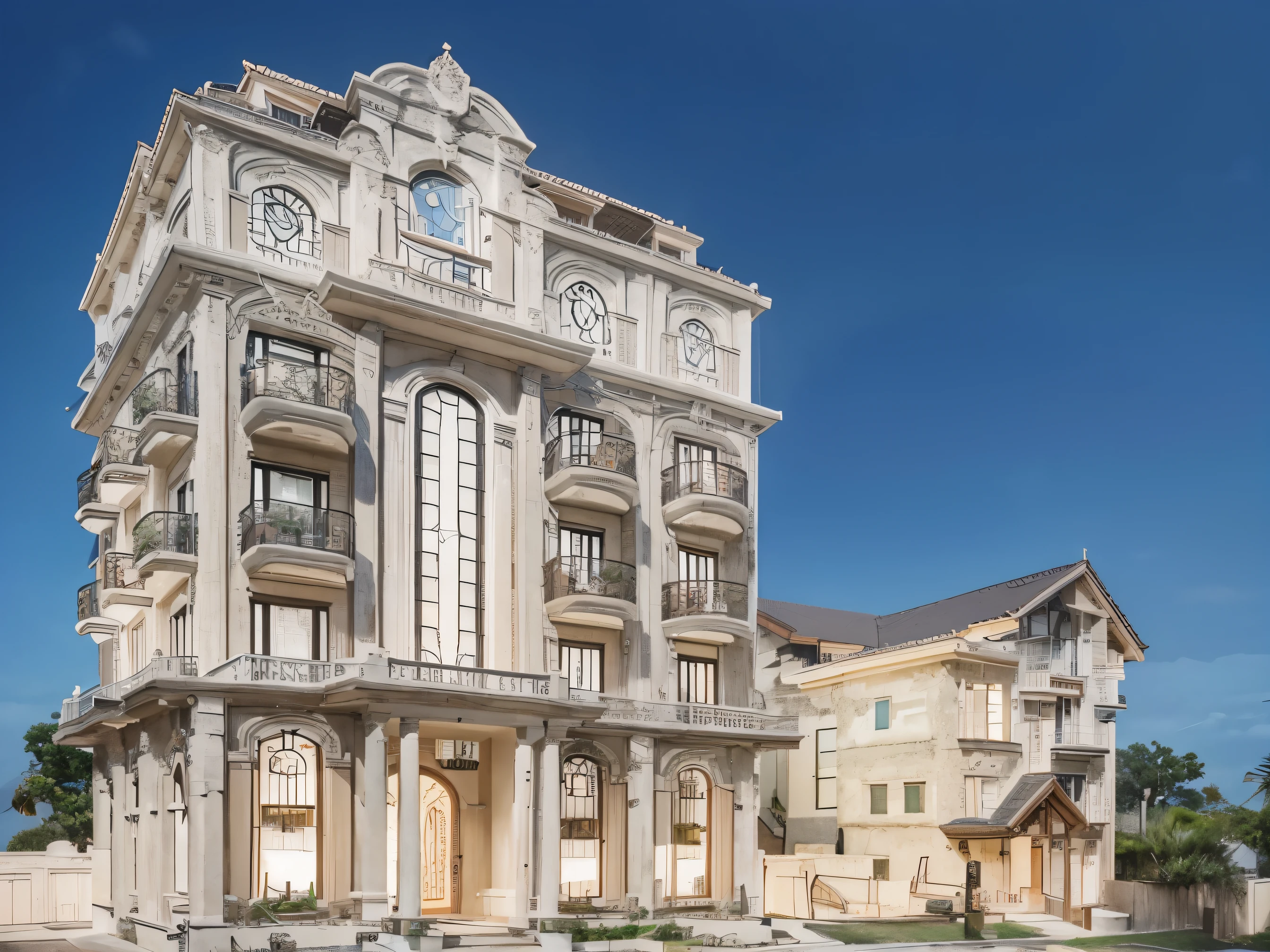 RAW photo,Masterpiece, high quality, best quality, authentic, super detail, townhouse, modern house with (tile wall:1.2), glass windows, (wooden ceiling:1.1), railing glass, gate, fence, (curve:1.1),tropical trees, day, beautifu sky, (high detailed :1.2), 8k uhd, dslr, soft lighting, high quality, film grain, Fujifilm XT3 