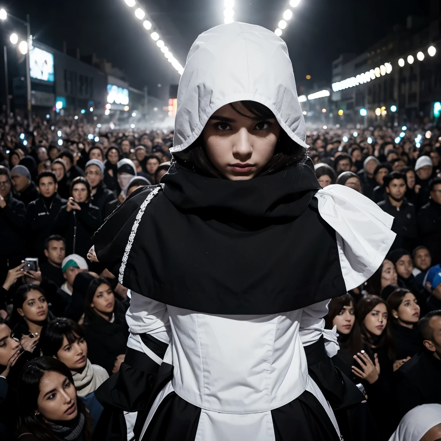 Persona rodeada de una multitud, la multitud a blanco y negro la persona de en medio a color 