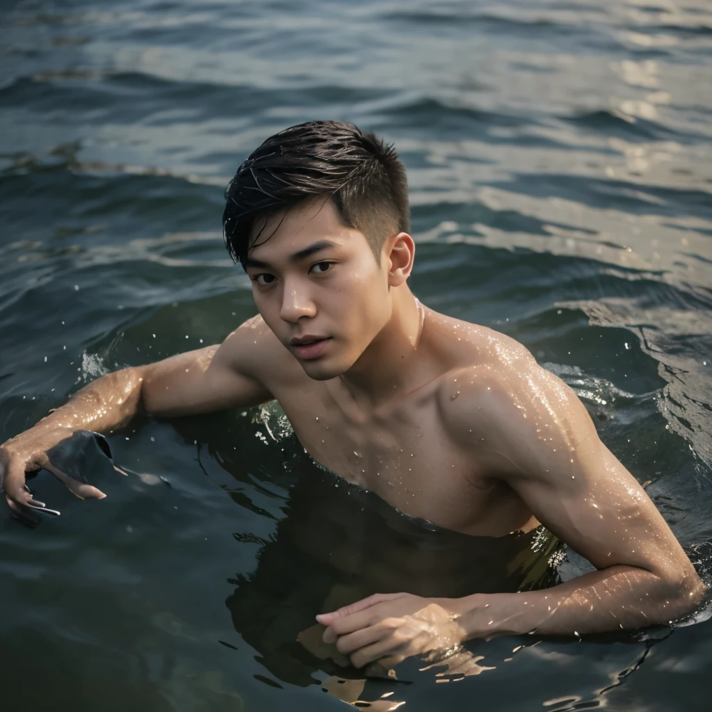 1boy,asian young man,3 days beard,skinny,twink,normal body, in the water ,