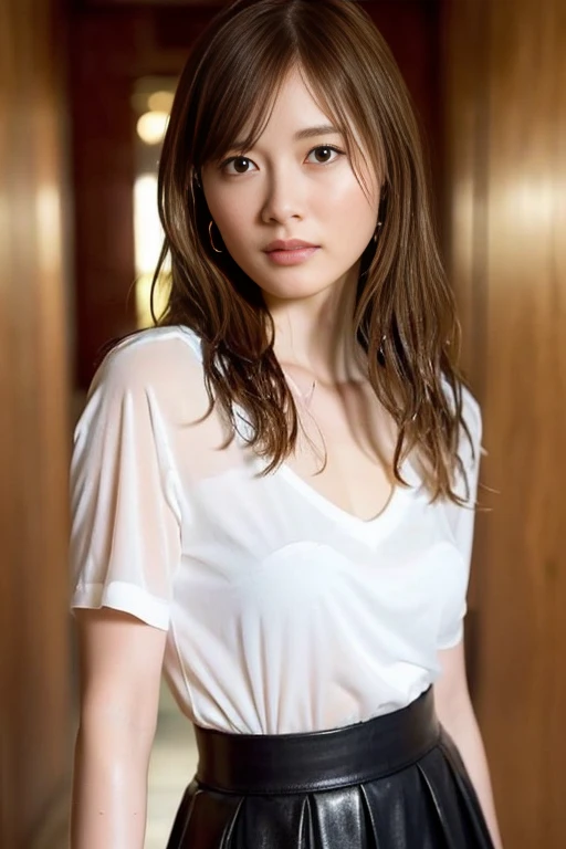 ((masterpiece:1.1, highest quality:1.1, 32K HDR, High resolution)), (1 girl, alone), (Mai Shiraishi's ultra-realistic portrait:1.15, japanese idol), (full body:1.5, shirt that emphasizes the chest:1.6、(wet shirt)、BREAK、red mesh tight skirt、 big breasts:1.2)Are standing, perfect slim body:1.1), highly detailed face, fine eyes, realistic skin texture, fine skin、 shiny skin, looking at the viewer, light brown hair, wavy hair, Ash-colored hair, half up、troubled face:1.2, silver earrings,((The background is Ophir's hallway.))、
