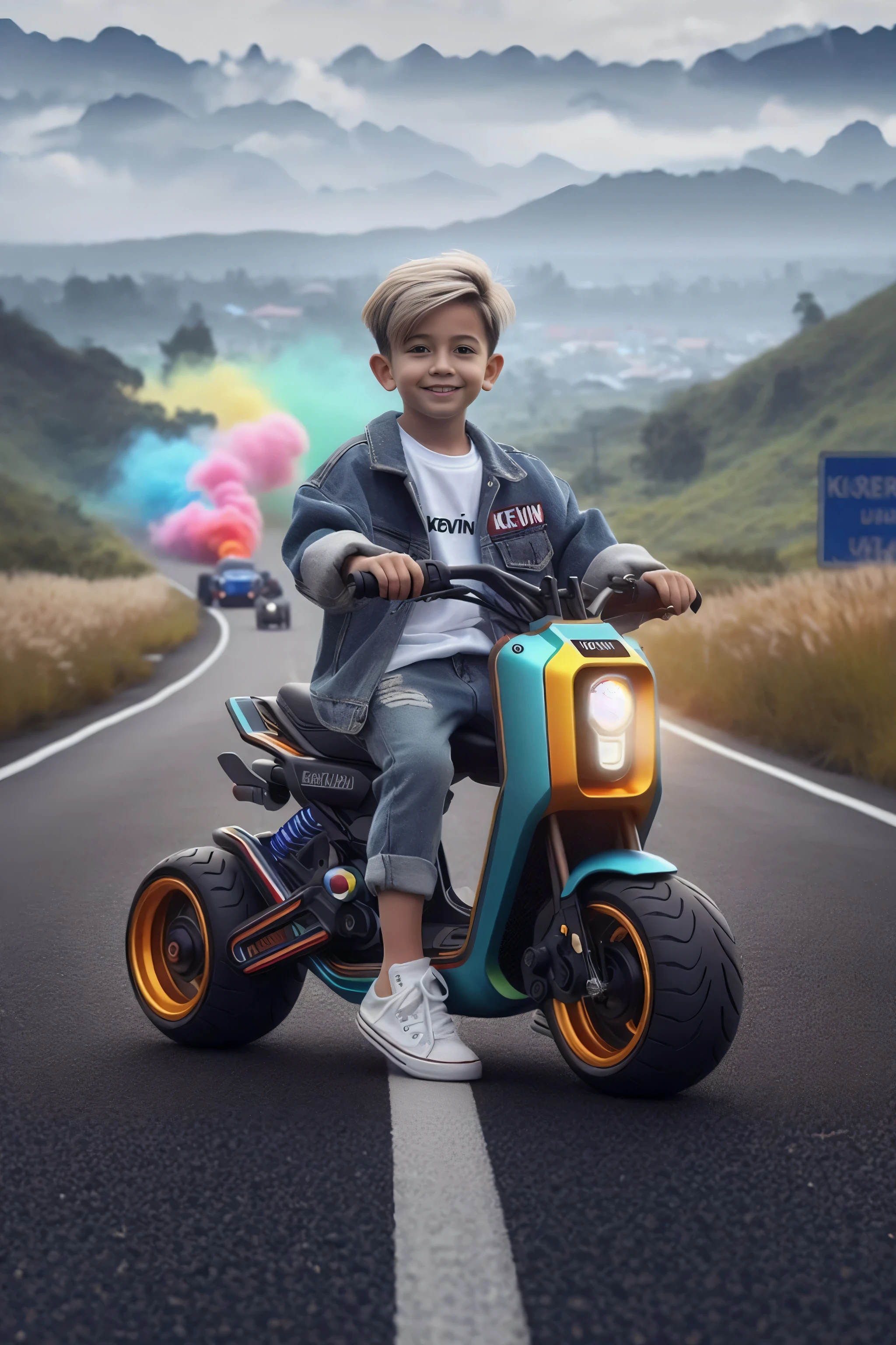 there is a young boy riding a scooter on the road, wojtek fus, inspired by Chris LaBrooy, artwork in the style of guweiz, hyper realistic color photo, inspired by Alex Petruk APe, , inspired by Rudy Siswanto, album art, avatar image, beeple style, cr3, adorable digital painting