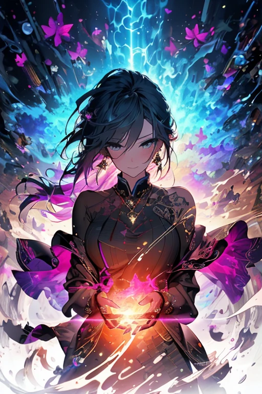(masterpiece, top quality, best quality, official art, beautiful and aesthetic:1.2), (1girl), extreme detailed,(fractal art:1.3),colorful,highest detailed, god, mysterious background, Crepuscular rays, (perfect face), sacred background, View from the front