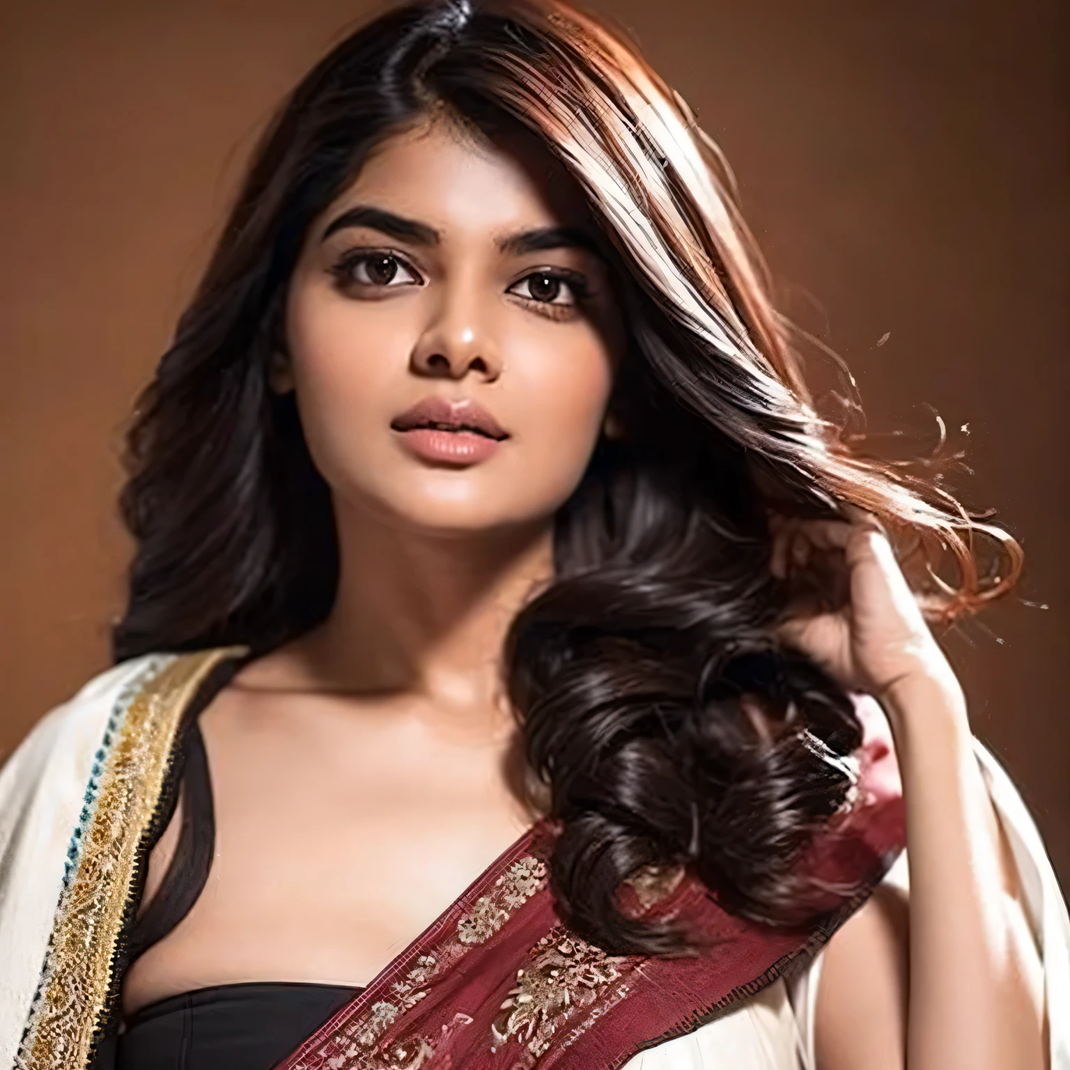 madhumita sarcar, hot babe, long wavy hair, (realistic), (intricate details), (masterpiece), swooping breasts, natural curve, (detailed face), (detailed lips), white smooth skin