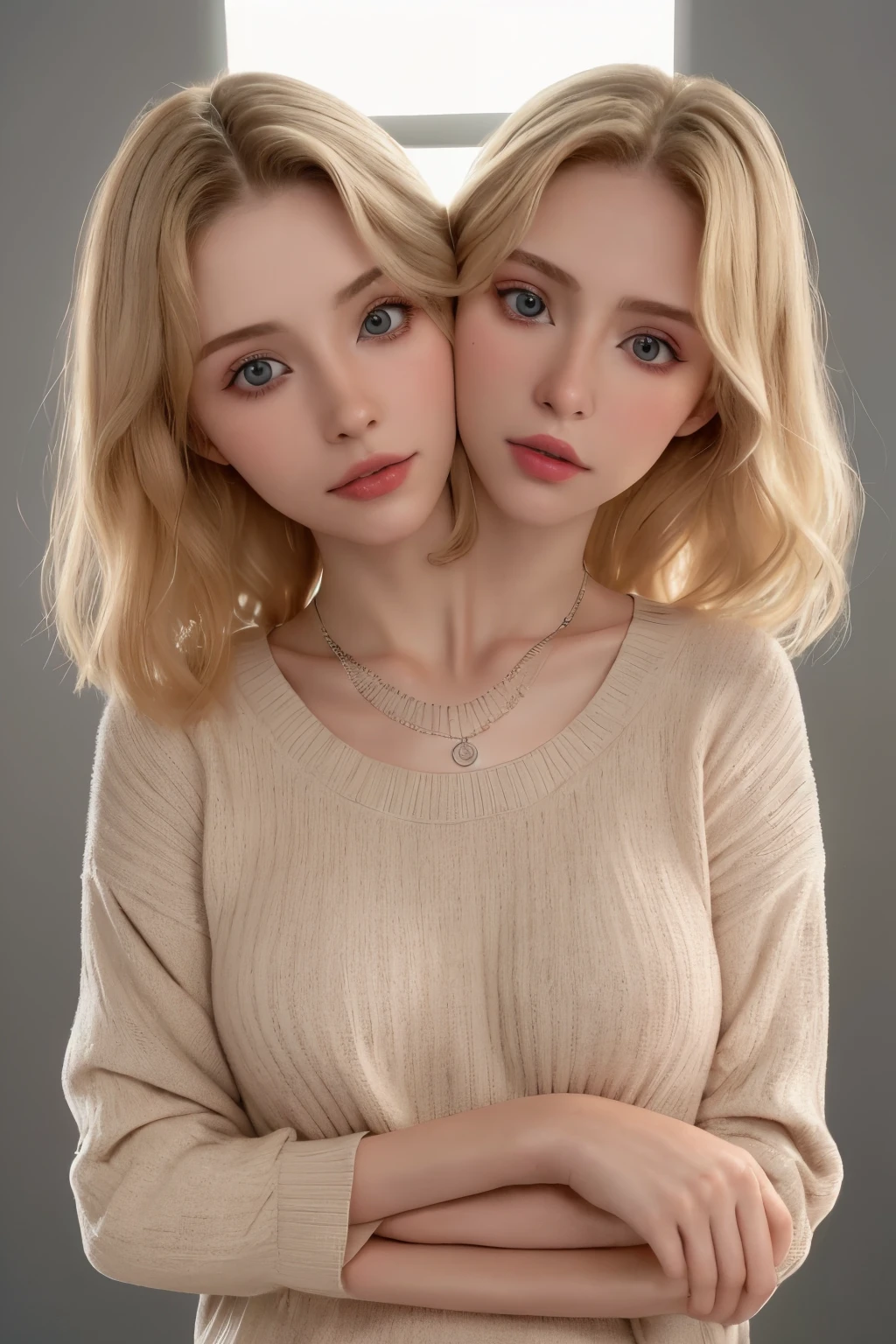 4k, 8k, ultra highres, raw photo in hdr, sharp focus, intricate texture, skin imperfections, realistic, detailed facial features, highly detailed face, posing, standing,perfect lighting, necklace, caucasian women, (fashion),Peachmilky1, blonde hair,sweater, conjoined_dicephalus, (two heads:1.2)