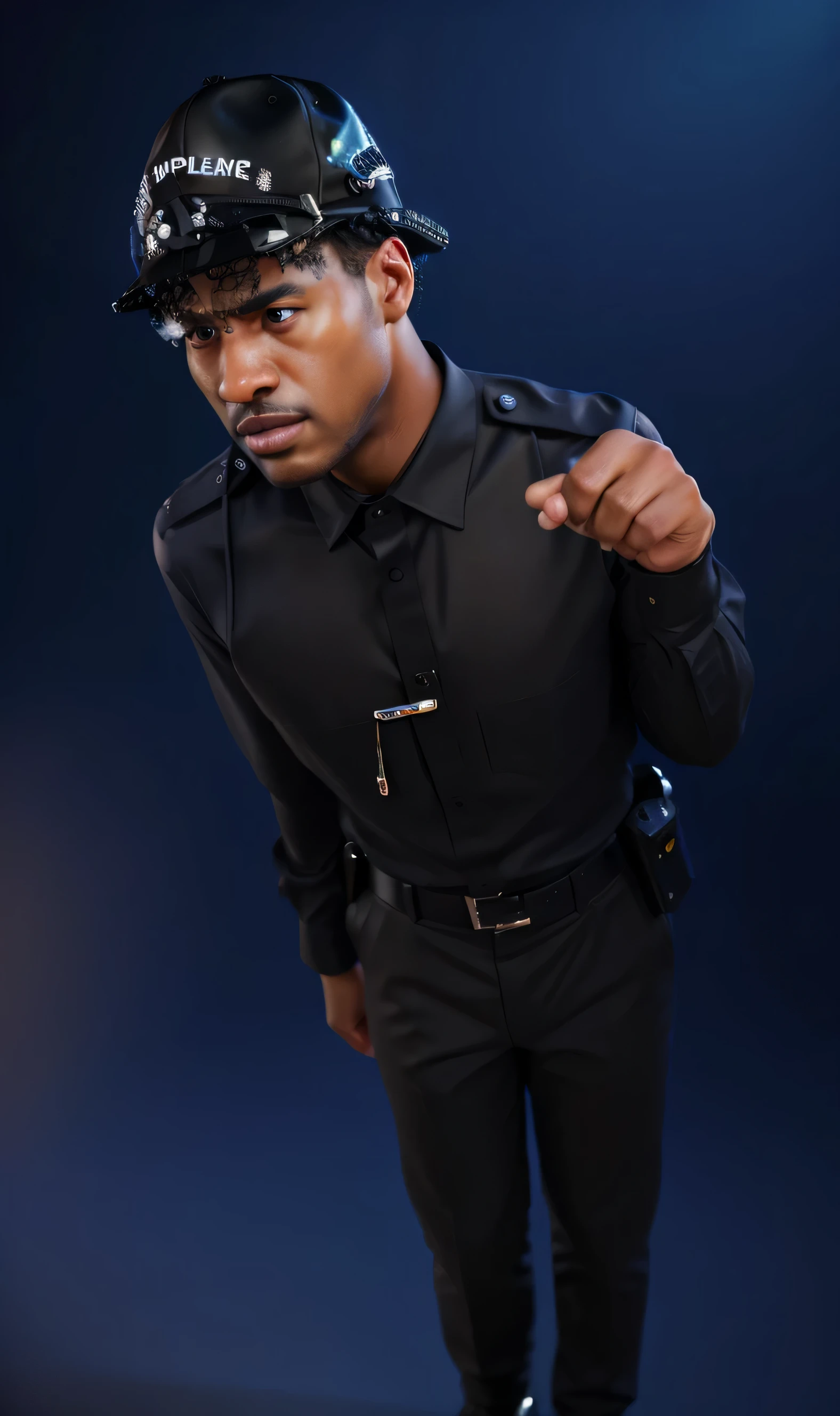 policeman in a black shirt and tie with a black hat, edited, photo from a promo shoot, afroamerican black man, promotional shot, man standing in defensive pose, wide angle closeup portrait shot, avant designer uniform, editorial photograph, security agent, profile shot, 4k, rim light, high resolution, 4k, glossy texture, smooth 3d model, multiple light sources, rim light, sharp post effects render, (glossy metallic texture with multiple big light probe refractions), perfect cgi, cgi art created only with gradients, smooth silhouette, high intensity refraction, (super glossy chrome material), most beautiful vfx, blue background, chrome metal refractions, multiple light sources, rim light, sharp post effects render, perfect cgi, anthropomorphic cat, digital art, detailed digital art, reflective, best quality, 4k, masterpiece:1.2, ultra-detailed, realistic, vivid colors, dark and moody lighting, The image of the highest quality, ensuring every detail showcased perfectly. It in 4k resolution, allowing viewers to immerse themselves in the richness of the colors and intricate details. The realistic rendering. under the spotlight, reflecting, high-resolution image, realistic rendering, dark background, and rim light