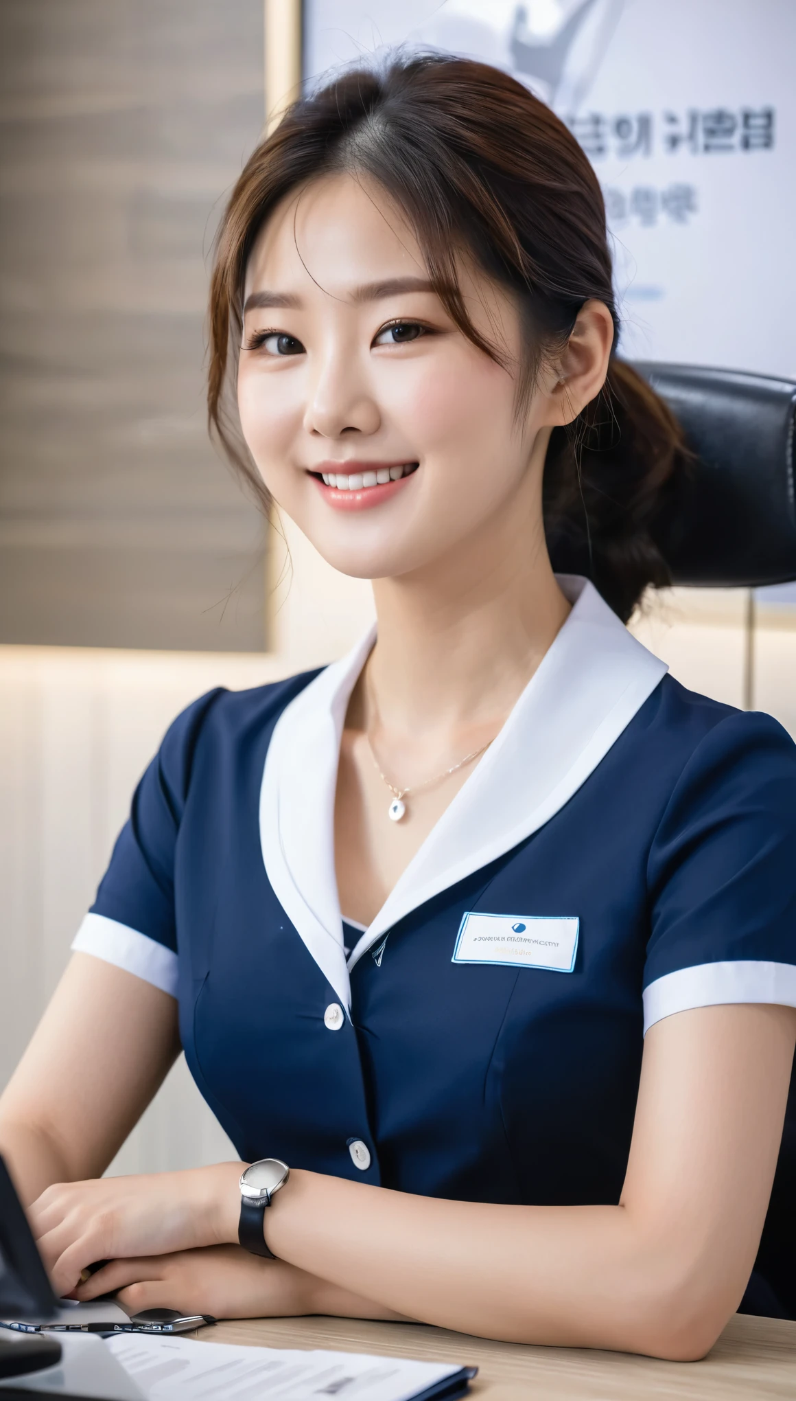 close-up shot of beautiful korean female, 36 inch breasts size, straight hair, slightly smile, wearing dressed in a blue, black and white themed short sleeved collared receptionist uniform, sitting at the reception desk.