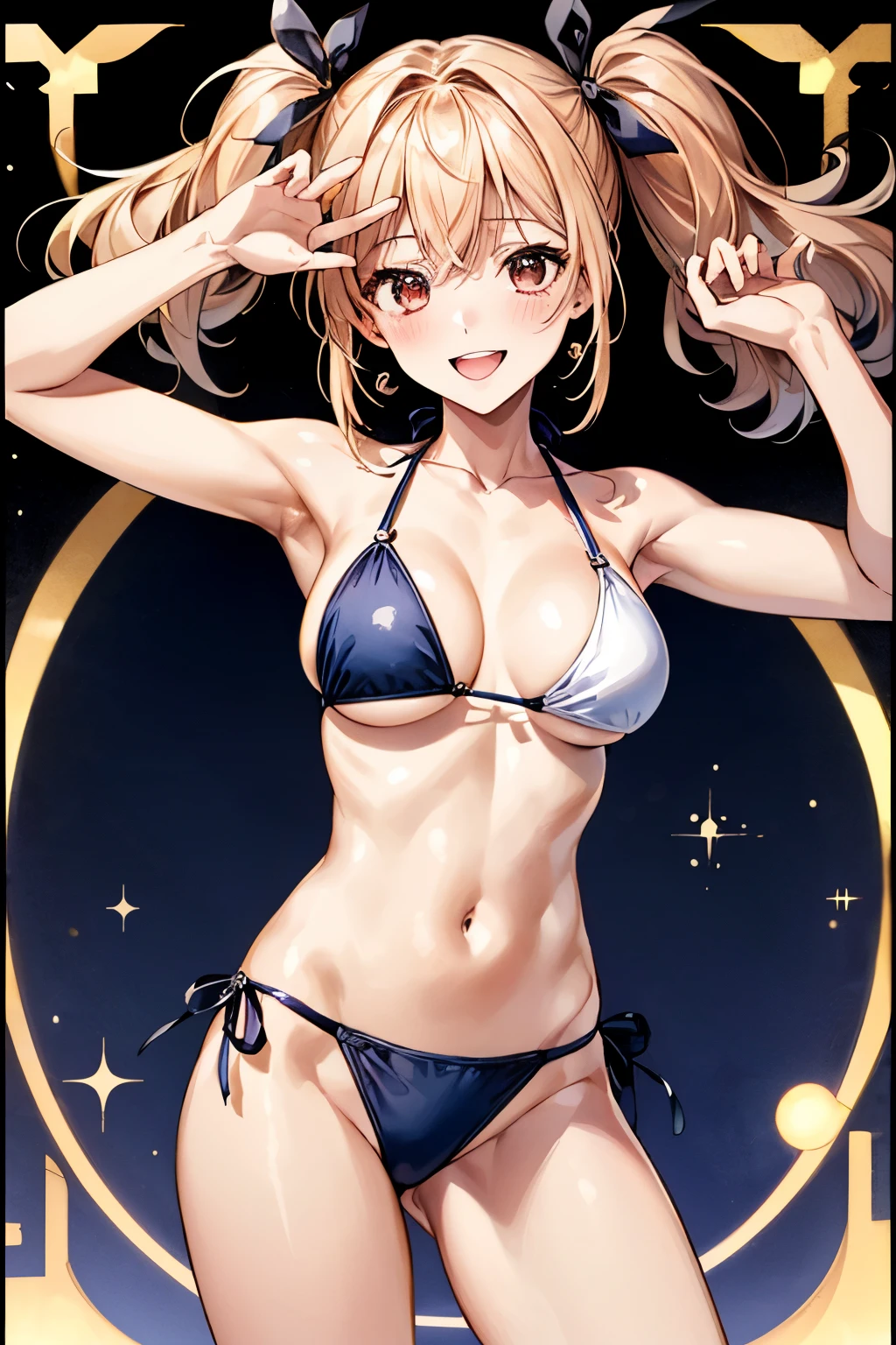 (4k, anatomically correct,highest quality:1.5),Idol,shinycolors,sexy,adult woman,shining smile,cute tits,hair ribbon,twin tails,shiny hair,(bikini),standing,Peach-colored teak,ID photo,Depth of the bounds written,glossy lip,sing a song
