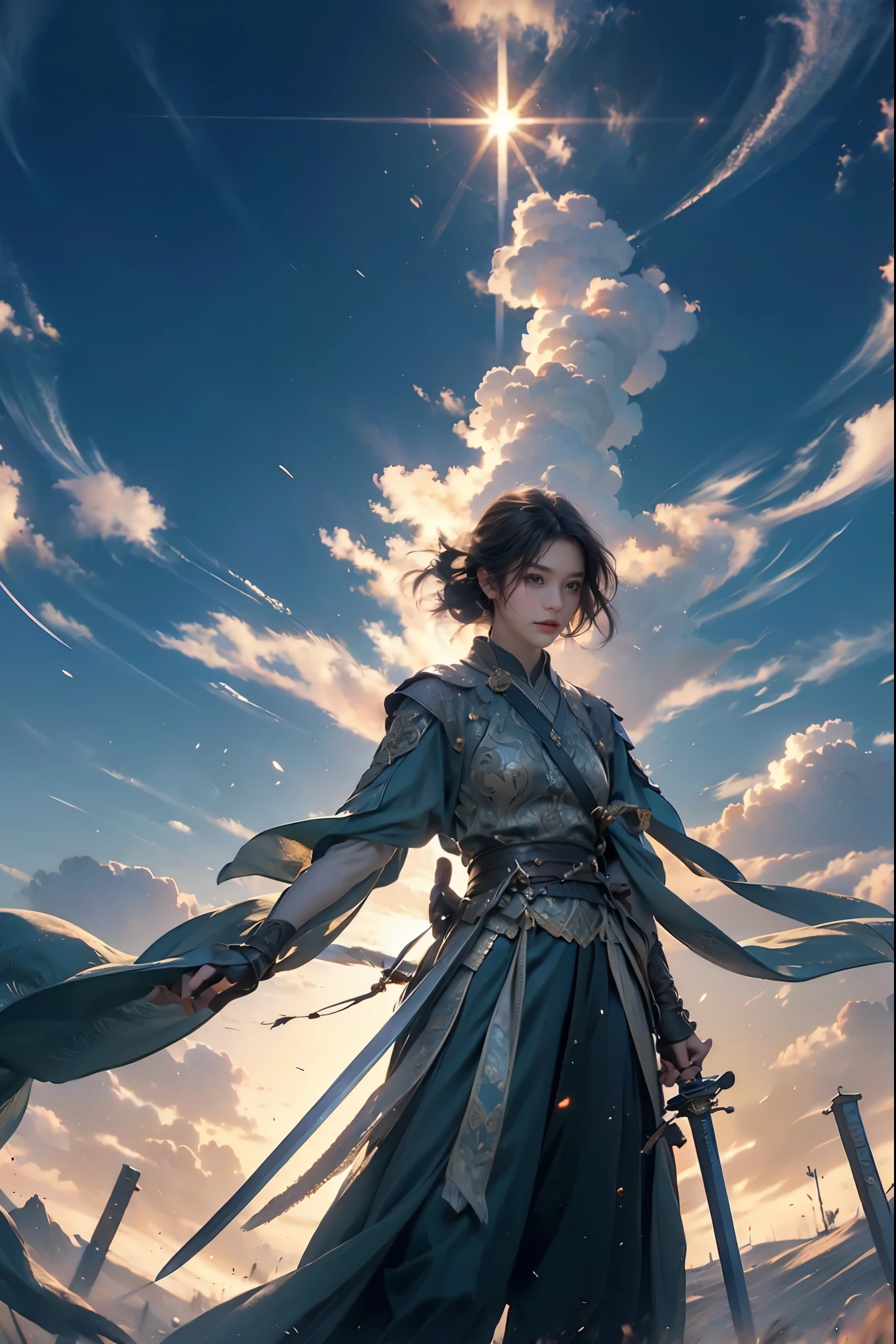 masterpiece，super high quality，a work of art，Perfect composition，1 girl，brandishing a sword in the sun，beautiful girl，Short hair details，Multiple long swords floating，wanjianguizong，jianjue，