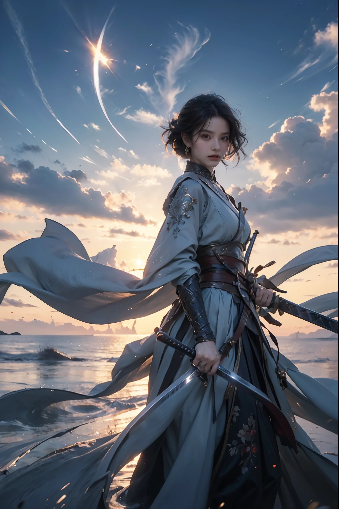 masterpiece，super high quality，a work of art，Perfect composition，1 girl，brandishing a sword in the sun，beautiful girl，Short hair details，Multiple long swords floating，wanjianguizong，jianjue，