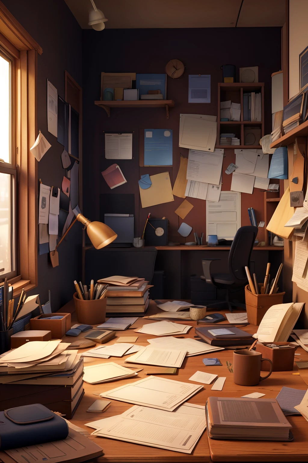 papers messy on a table in an office ((best quality)), ((masterpiece)), (detailed),