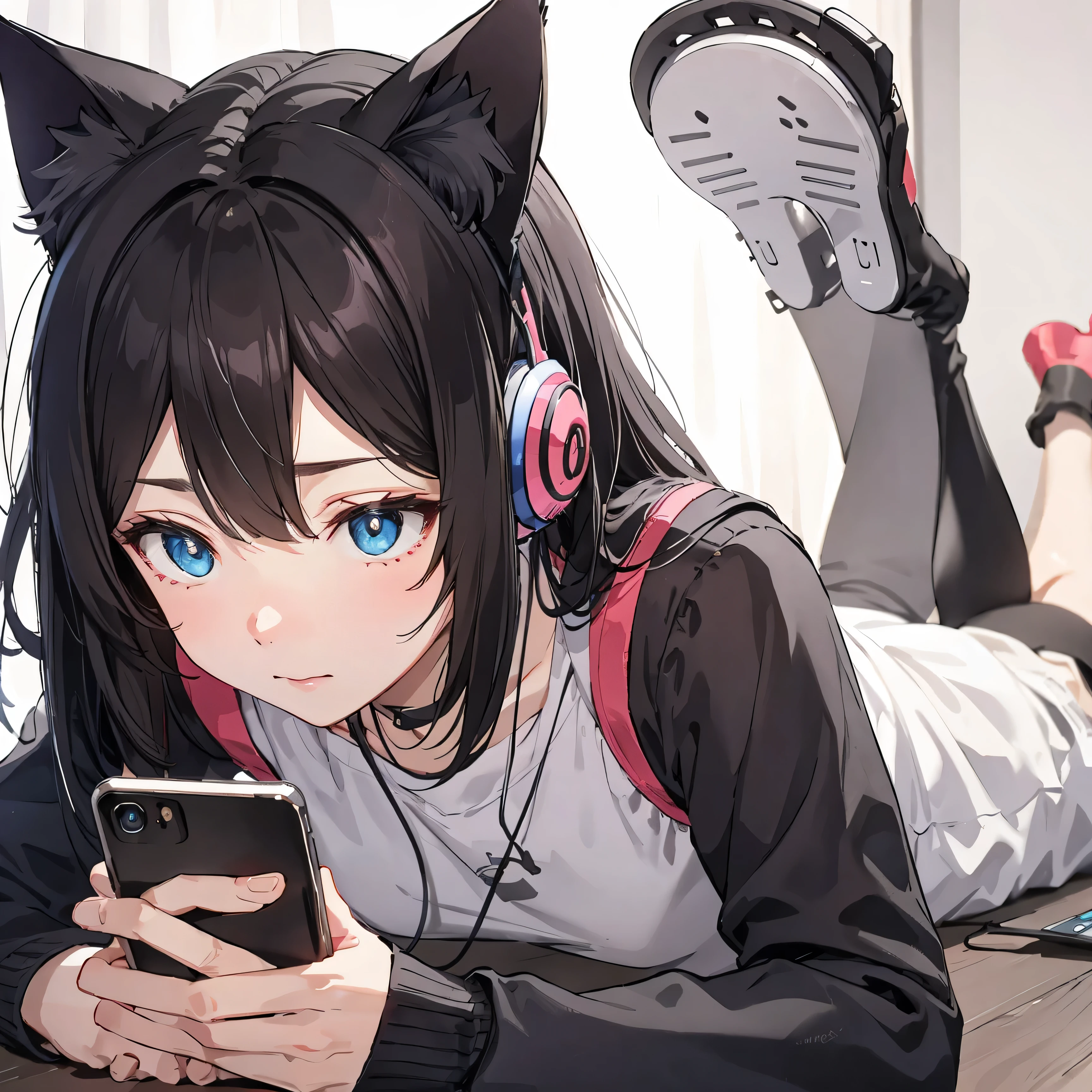 smartphone　headphones　Cat ear　girl　downward