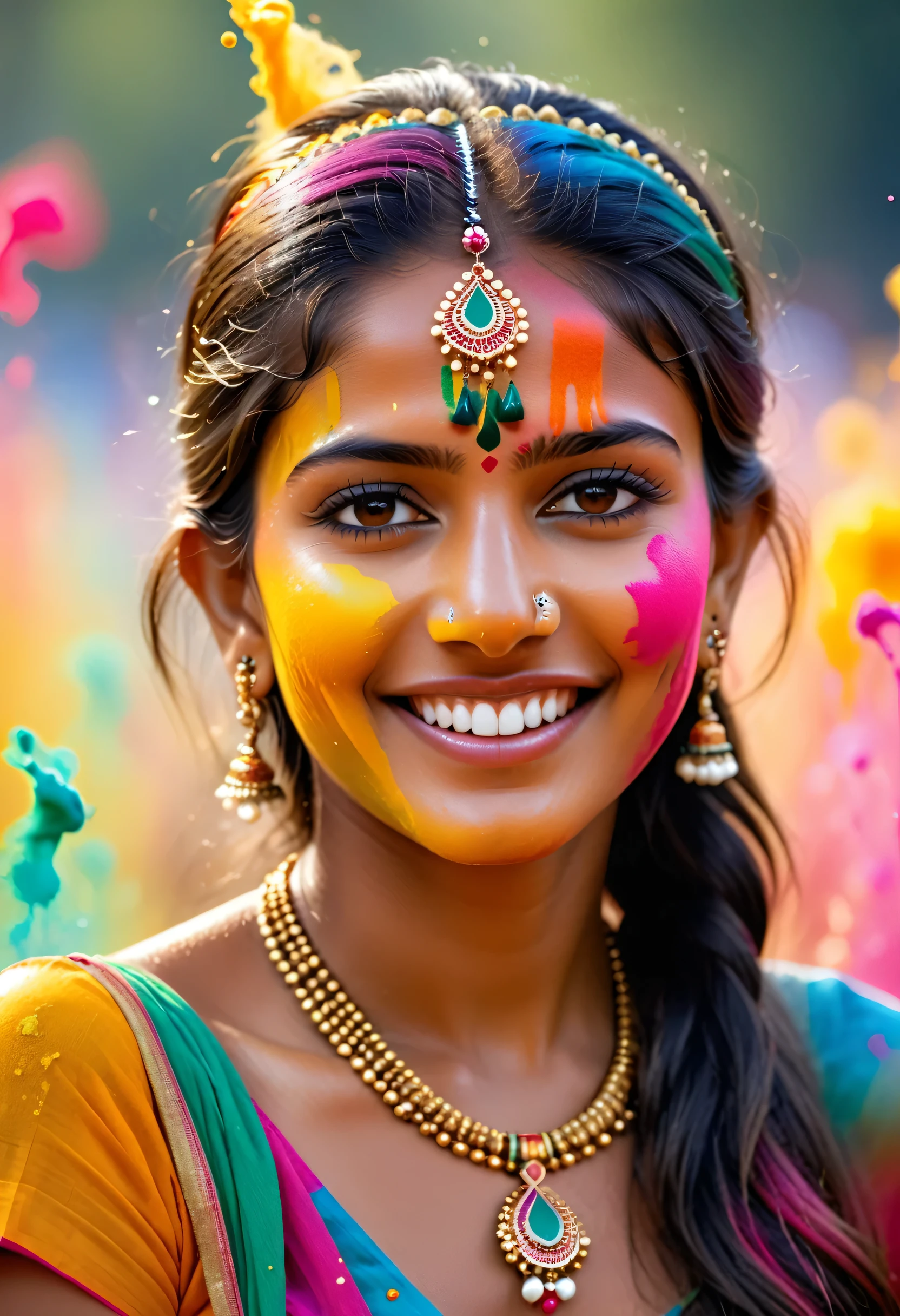 (best picture quality，4k,8k，high-definition，masterpiece:1.2)，Ultra-detailed，(lifelike，lifelike，lifelike:1.37)。Indian festivals，paint festival，Sprayed paint：1.37.beautiful Indian girl，Colorful paint on face，golden eyes，exquisite gold jewelry，happy，hapiness，Contagious smile，Colorful costumes，colored nails，Sprayed paint on body，Splashes of colorful paint at events，paint splatter background，Color spray painting，Energetic movement，Dynamic and powerful abstract art，rich colors，propylene，Vivid rainbow hues，hapiness lively atmosphere，bright orange，Pink，Whimsical and dreamy，Spontaneous splashing，bold color contrast。