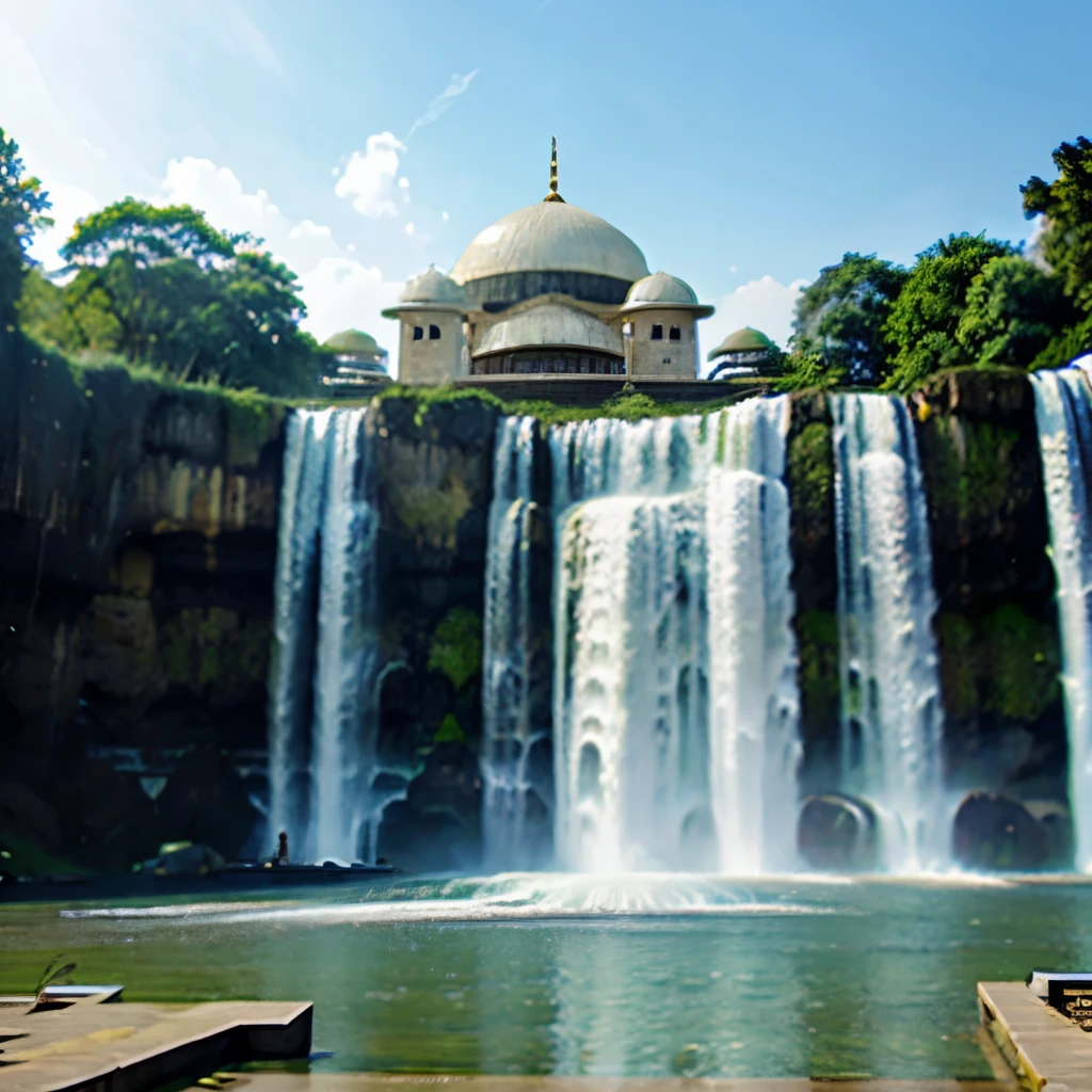 Modern mosque, waterfall 