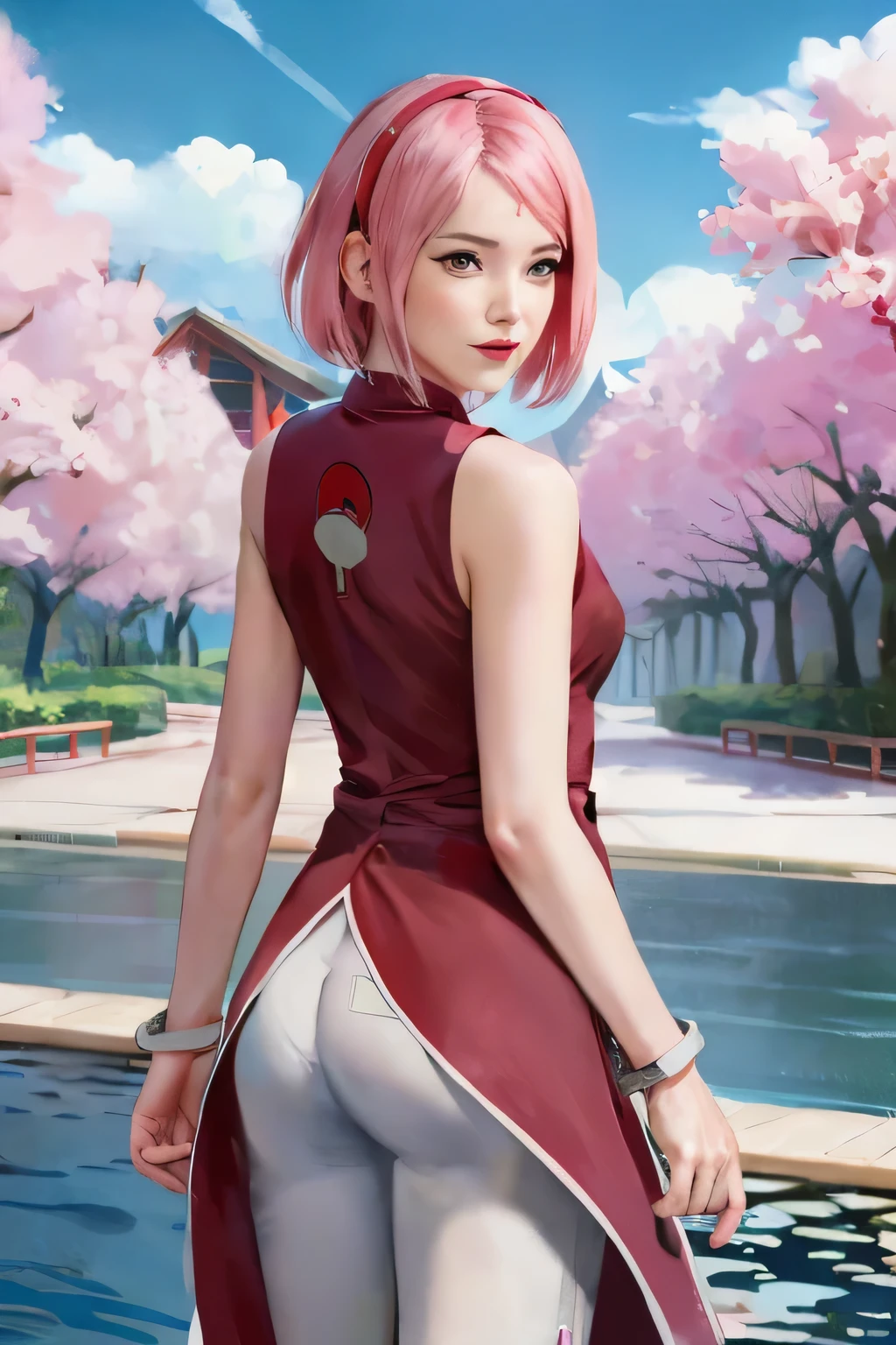 
Sakura Uchiha. a woman was standing and looking back. in a park. she was seen wearing a heart red cheongsam. the sleeveless one. and pink trousers. He also wears bracelets on both hands. she has short pink hair. she looks so beautiful and realistic