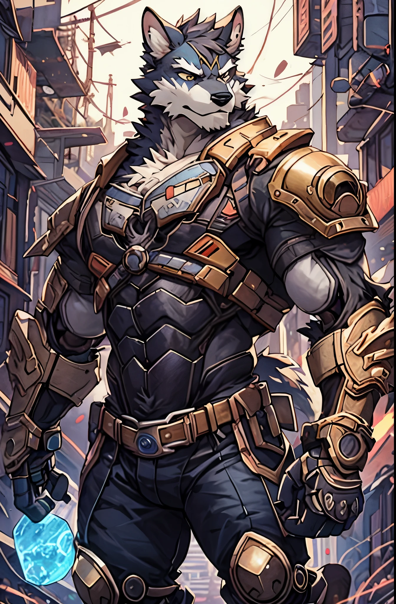 top quality, High-quality illustrations by Johannes Vermeer, masterpiece, Dark_Fantasy, Cyberpunk, steam punk(super handsome boy, single, kemono)Mechanical marvel, Robotic presence, Cybernetic guardian, wearing a worn-out mech suit, intricate(steel metal, rusty)(furry anthro:1.7)(Furry body, dog facial features, dog body features)elegant, clear focus, shot by greg rutkowski, soft lighting, vibrant colors, masterpiece((street))cowboy shot, dynamic pose,